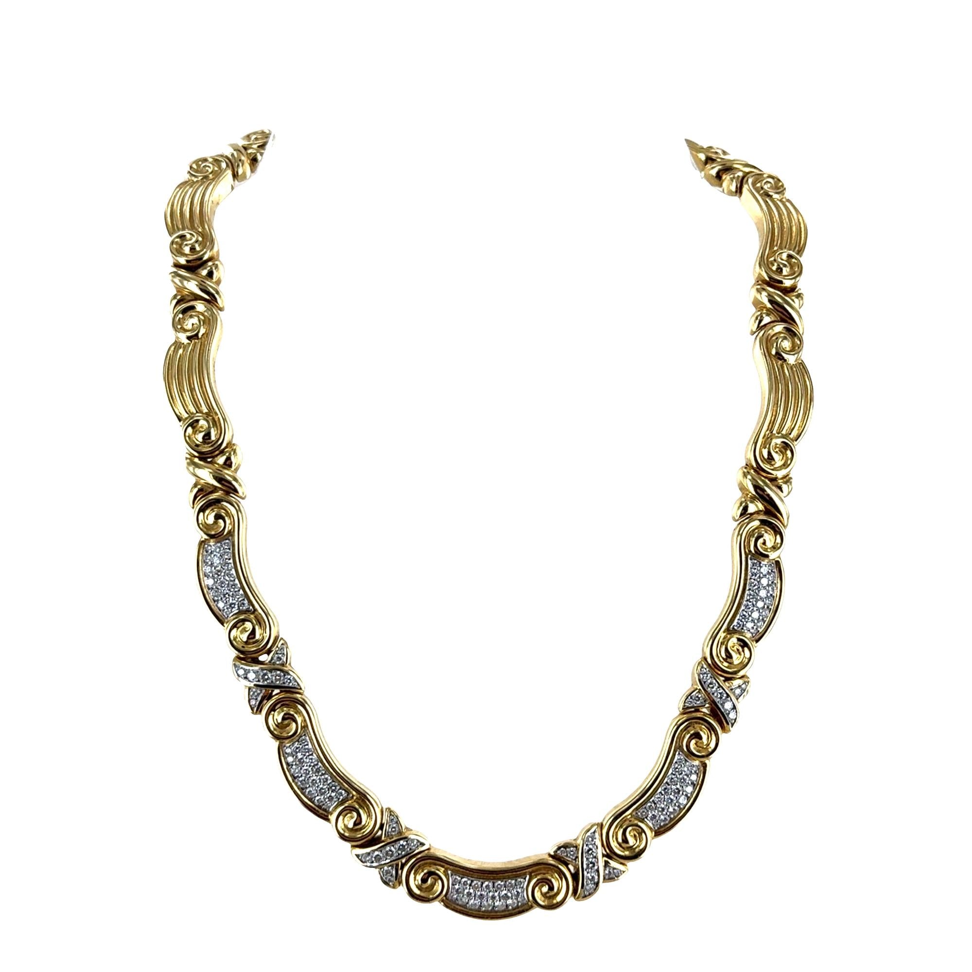 Diamond 18 Karat Yellow Gold Ribbed X Link Necklace 17 Inches