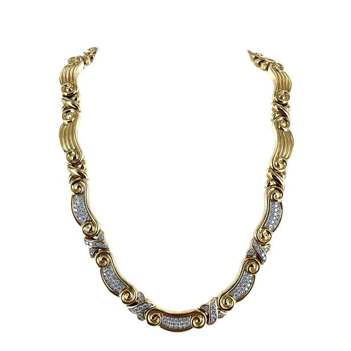 Diamond 18 Karat Yellow Gold Ribbed X Link Necklace 17 Inches