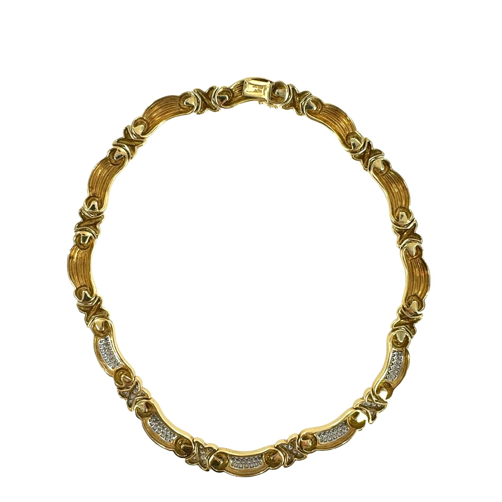 Diamond 18 Karat Yellow Gold Ribbed X Link Necklace 17 Inches