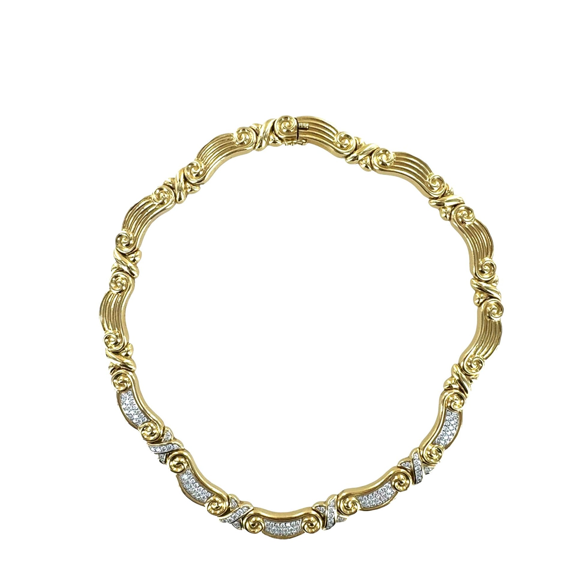 Diamond 18 Karat Yellow Gold Ribbed X Link Necklace 17 Inches