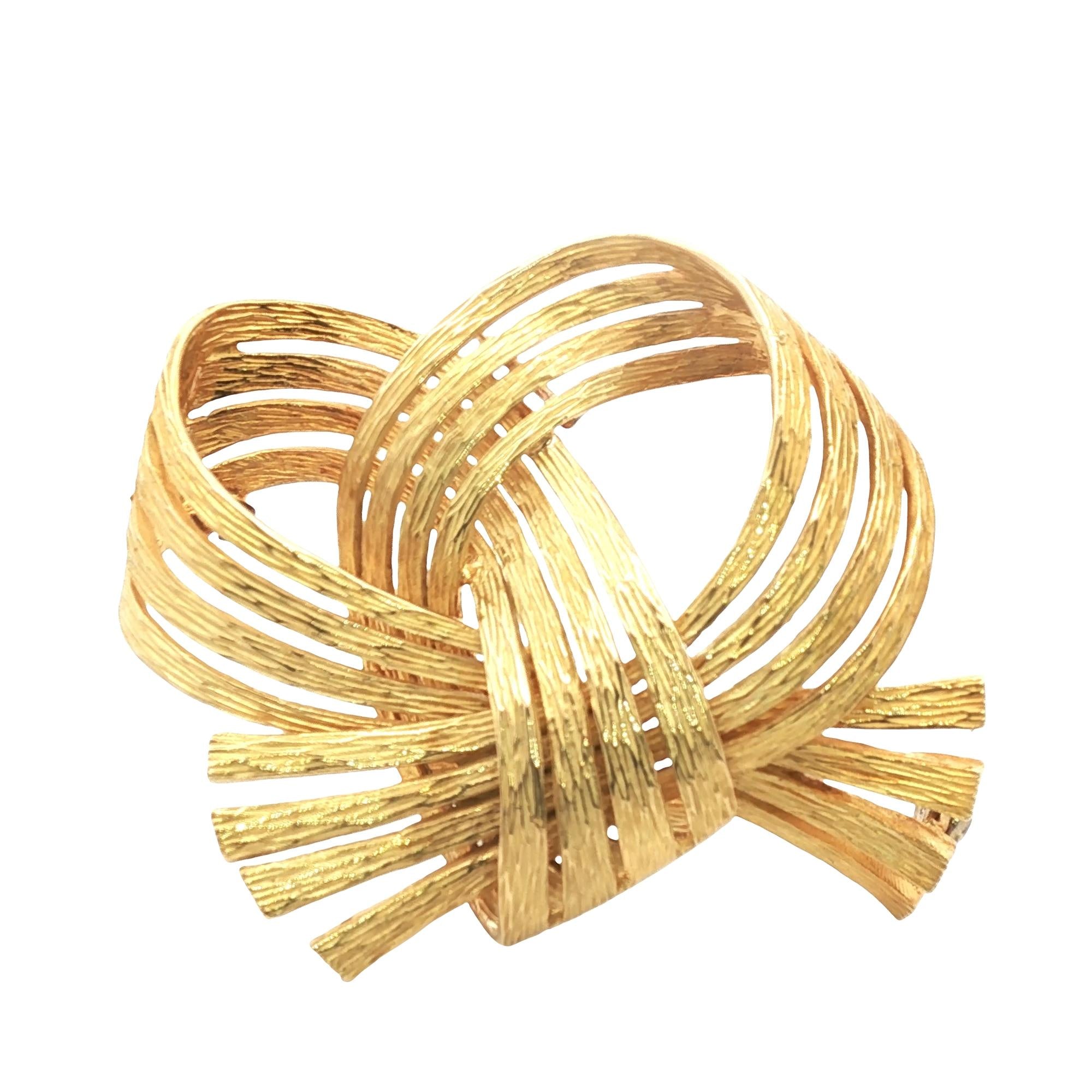 Tiffany & Company 18 Karat Yellow Gold Textured Ribbon Brooch Vintage Circa 1970