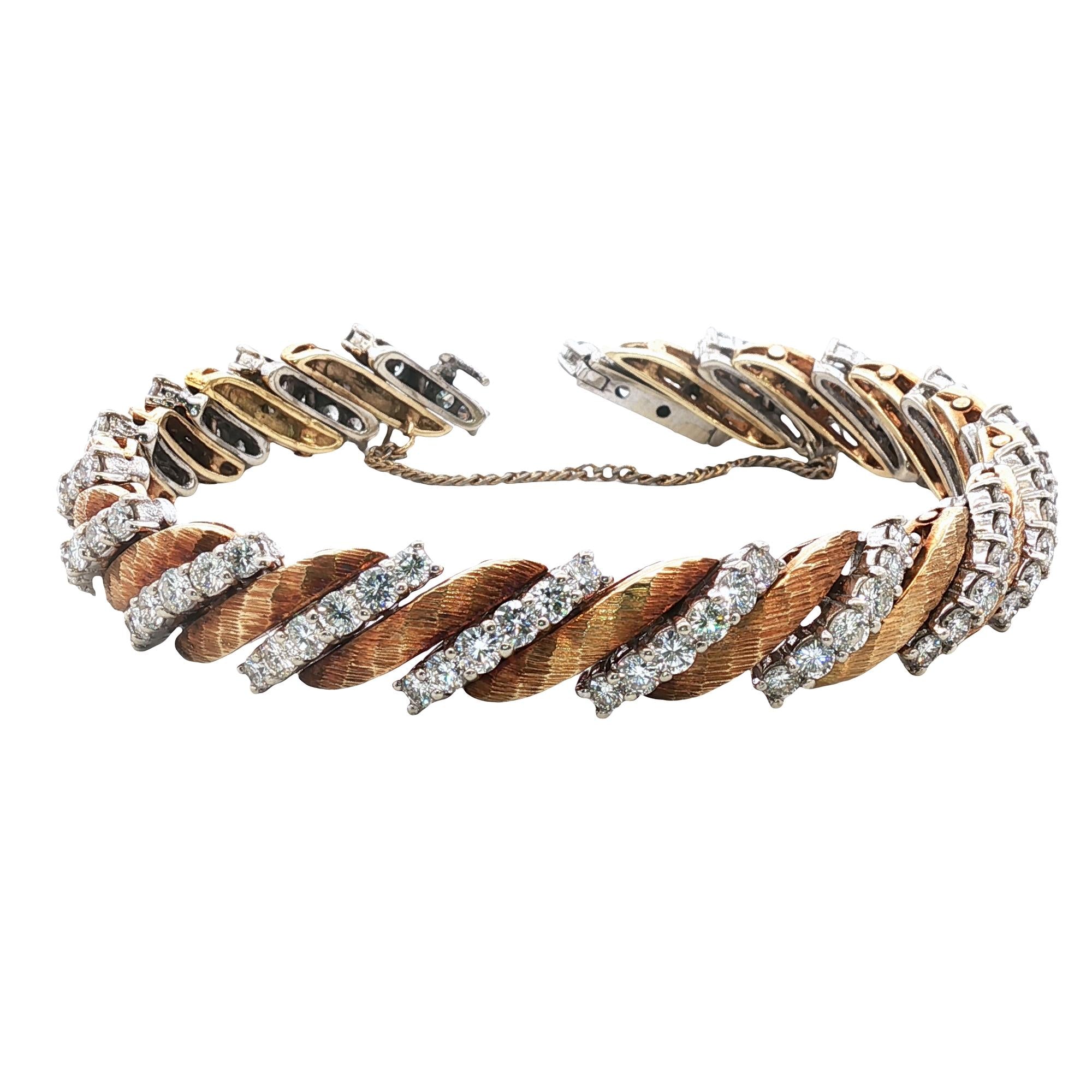 1960s Diamond 18 Karat Yellow Gold & Platinum Slanted Link Vintage Bracelet