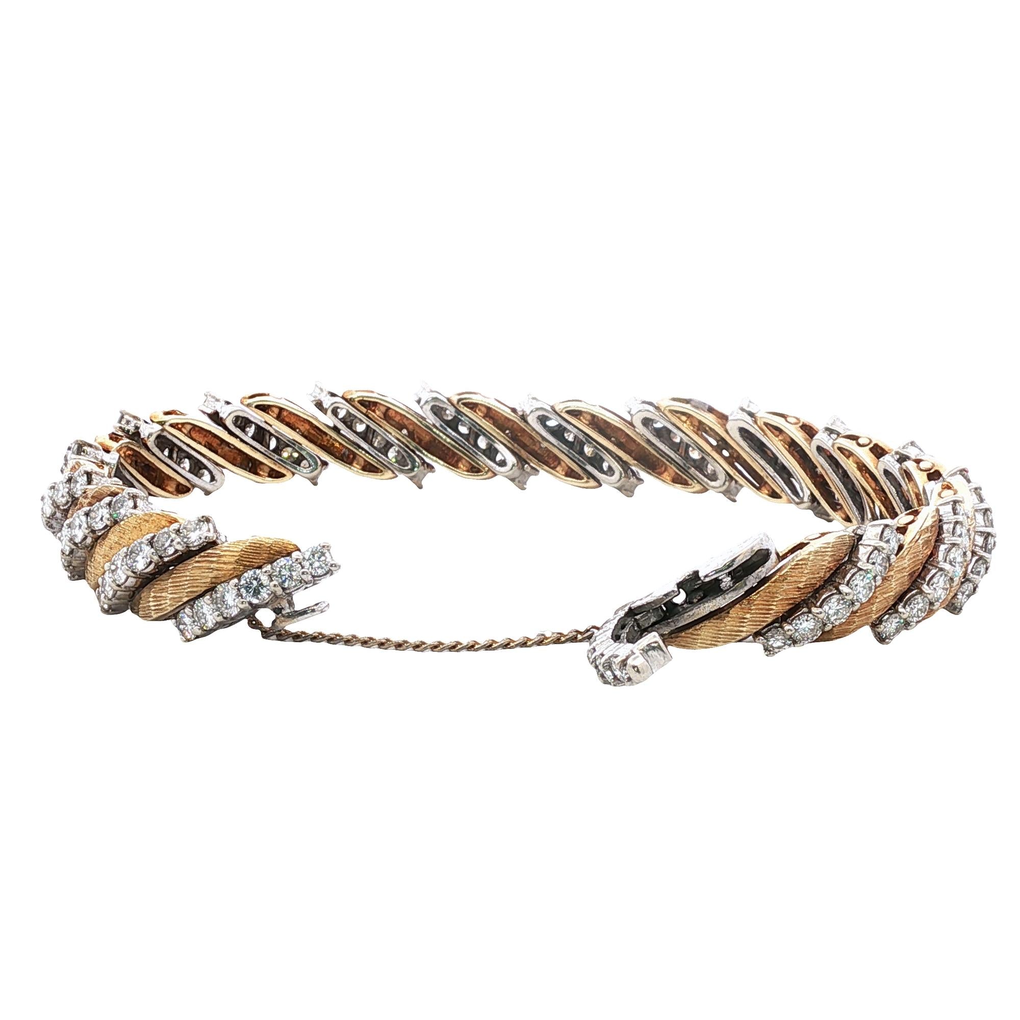 1960s Diamond 18 Karat Yellow Gold & Platinum Slanted Link Vintage Bracelet