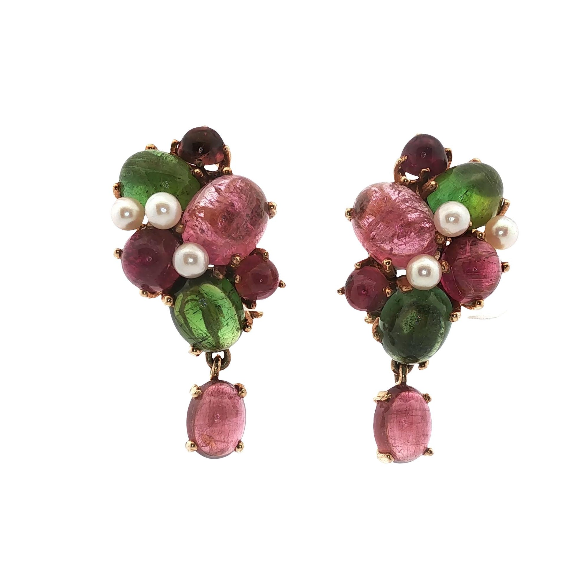 Tutti Frutti 14 Karat Yellow Gold Colorful Tourmaline Gemstone Dangle Earrings