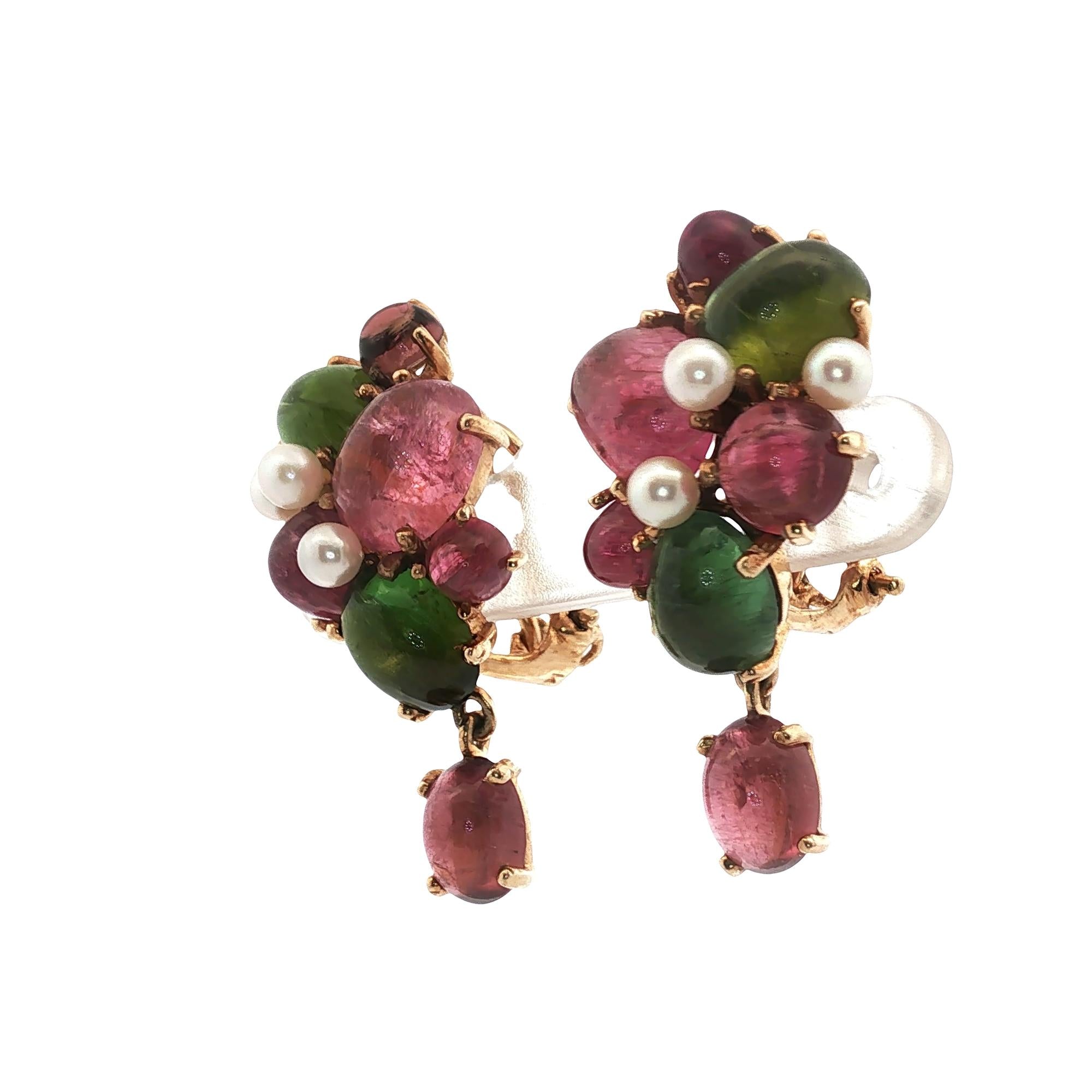 Tutti Frutti 14 Karat Yellow Gold Colorful Tourmaline Gemstone Dangle Earrings