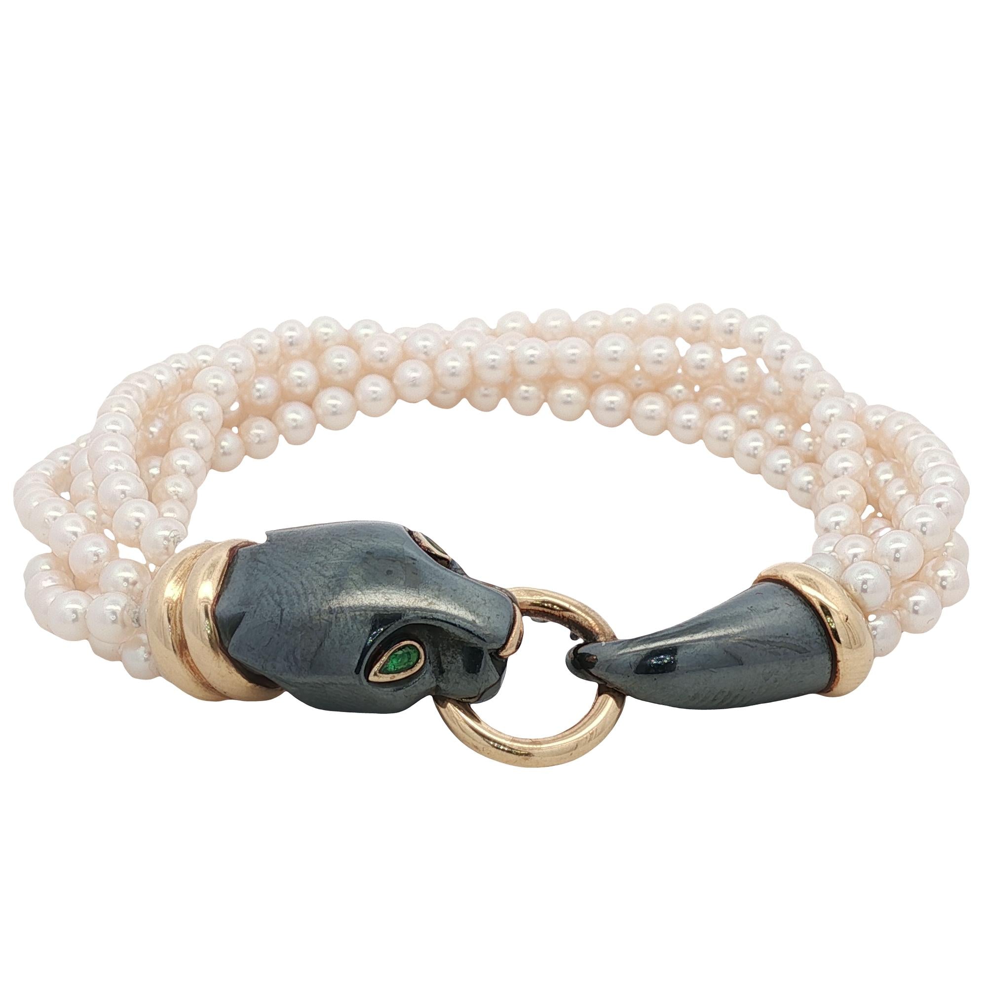 Cartier Panther Panthère Yellow Gold & Silverium Emerald Pearl Bracelet Vintage