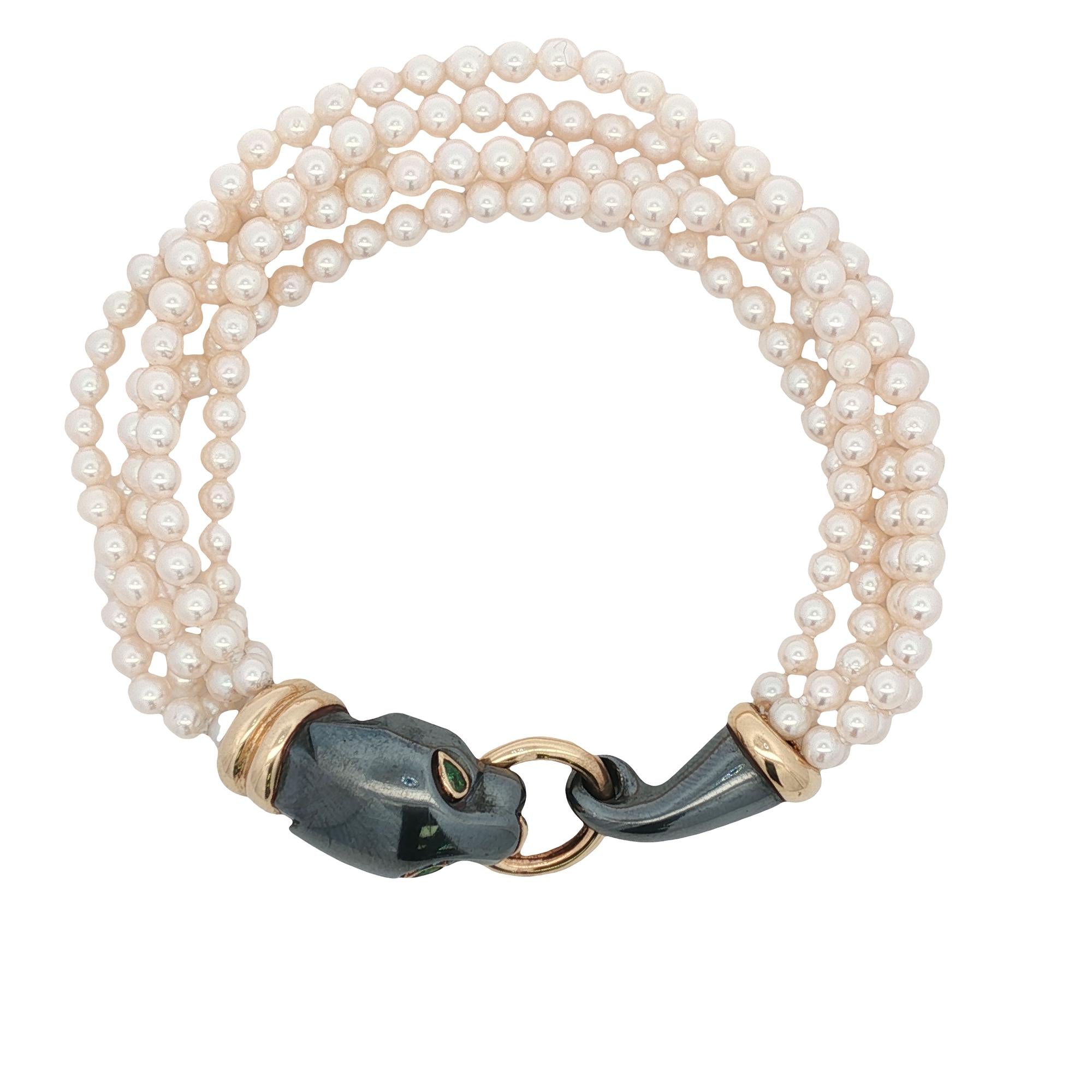 Cartier Panther Panthère Yellow Gold & Silverium Emerald Pearl Bracelet Vintage