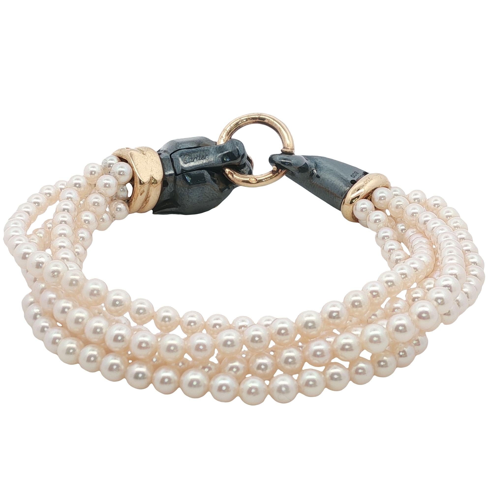 Cartier Panther Panthère Yellow Gold & Silverium Emerald Pearl Bracelet Vintage