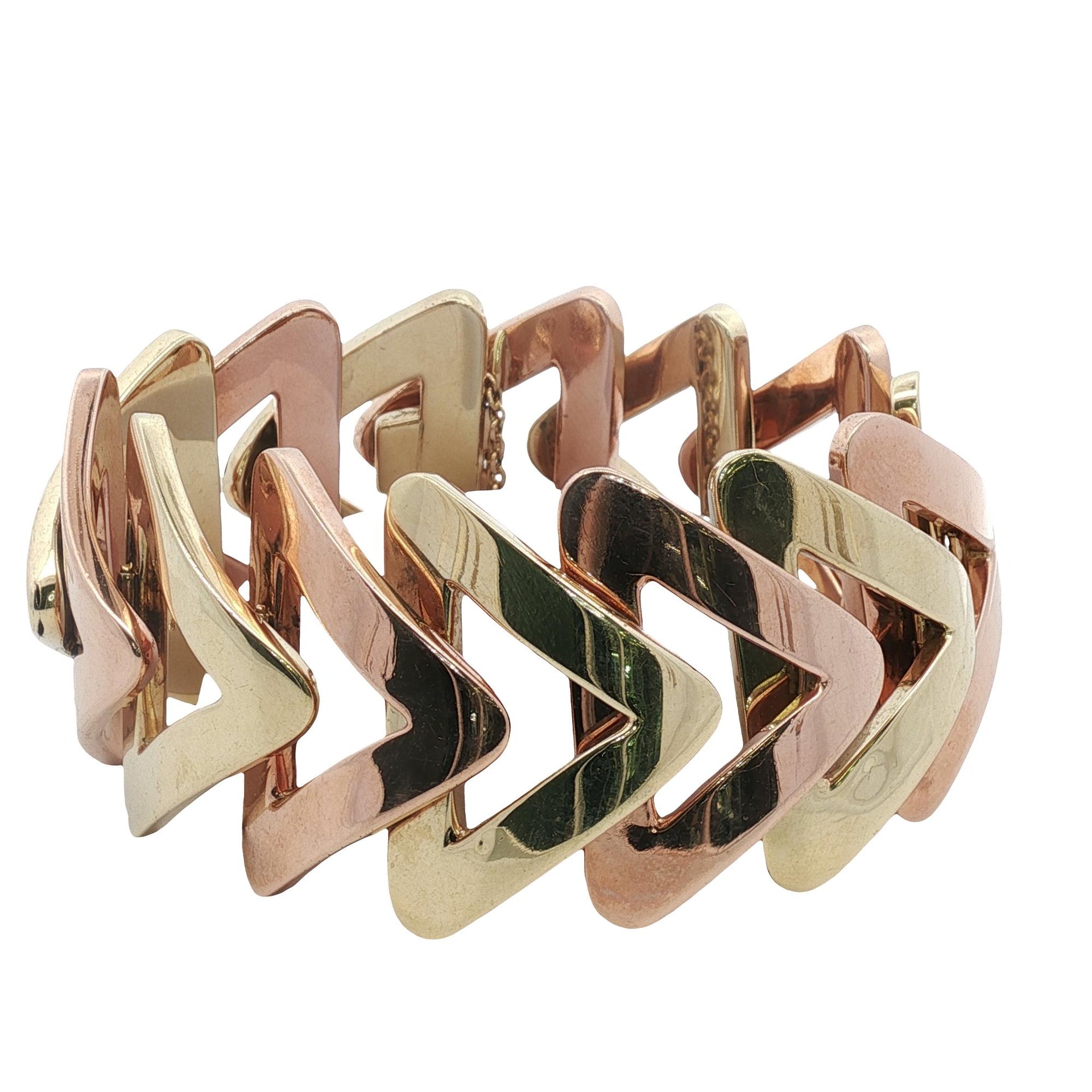 Retro Rose & Yellow Gold Triangle Link Wide Vintage Statement Bracelet