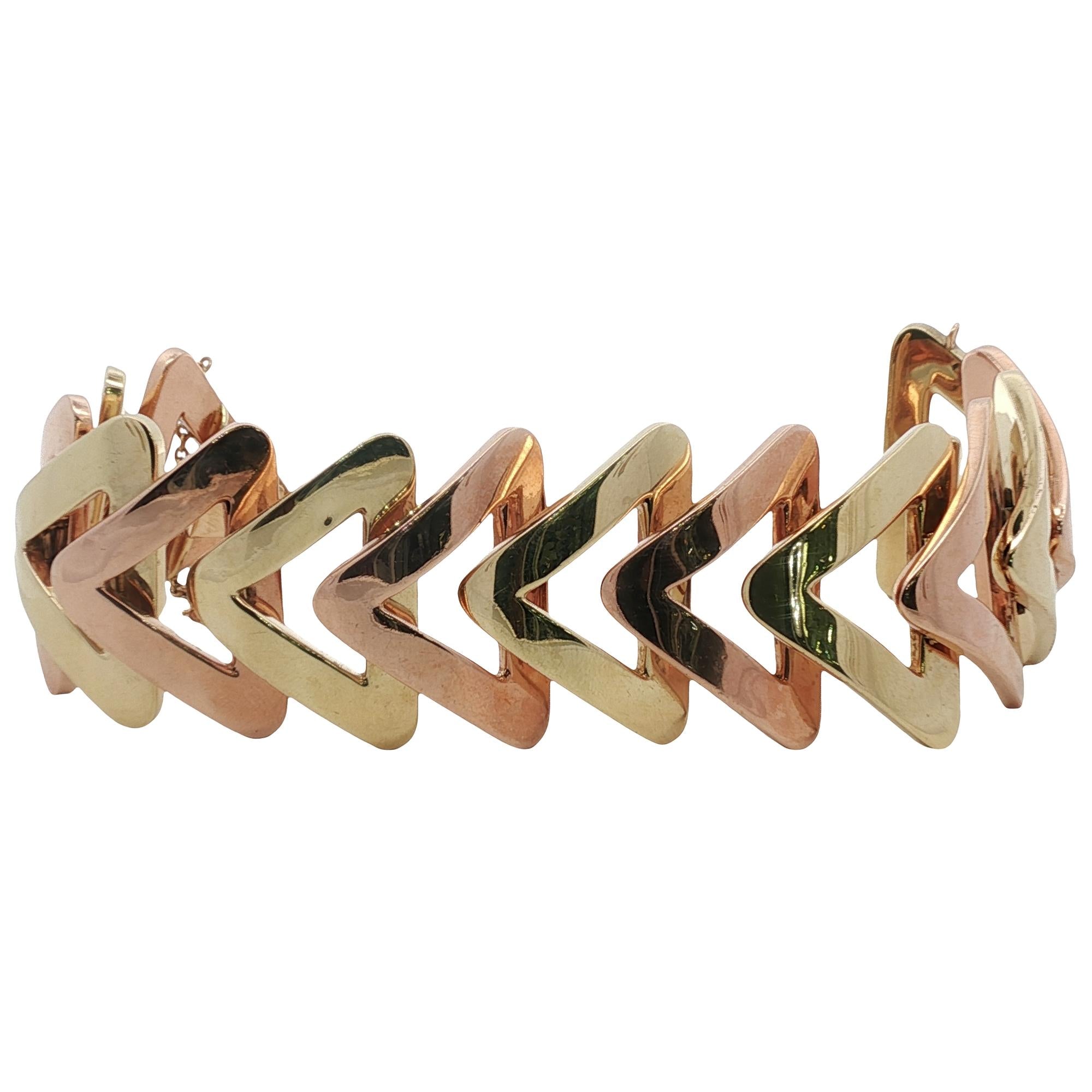 Retro Rose & Yellow Gold Triangle Link Wide Vintage Statement Bracelet