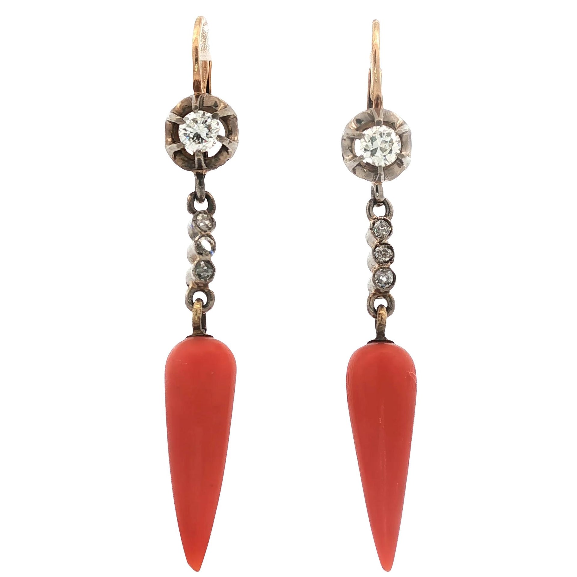 Edwardian Coral Diamond Yellow Gold & Silver Antique Drop Earrings