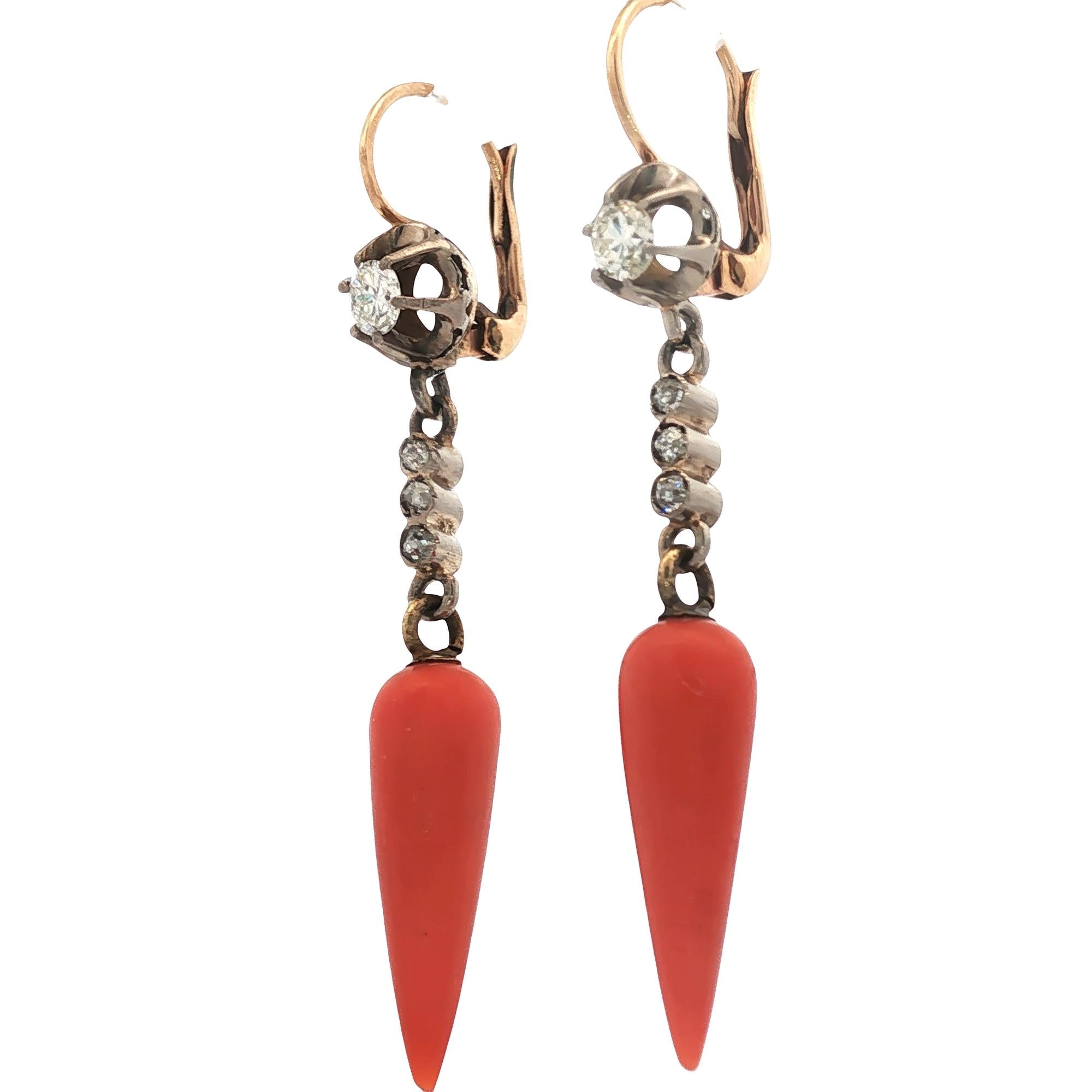 Edwardian Coral Diamond Yellow Gold & Silver Antique Drop Earrings