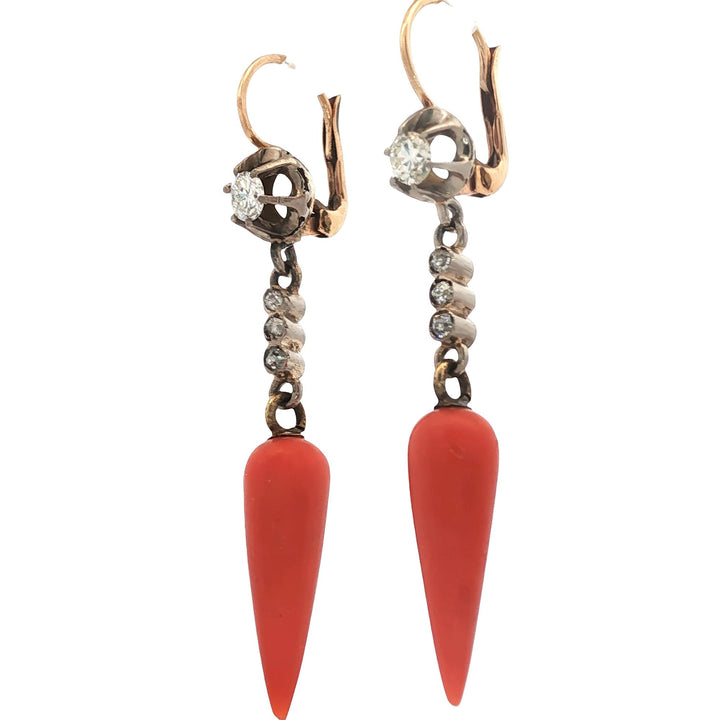 Edwardian Coral Diamond Yellow Gold & Silver Antique Drop Earrings
