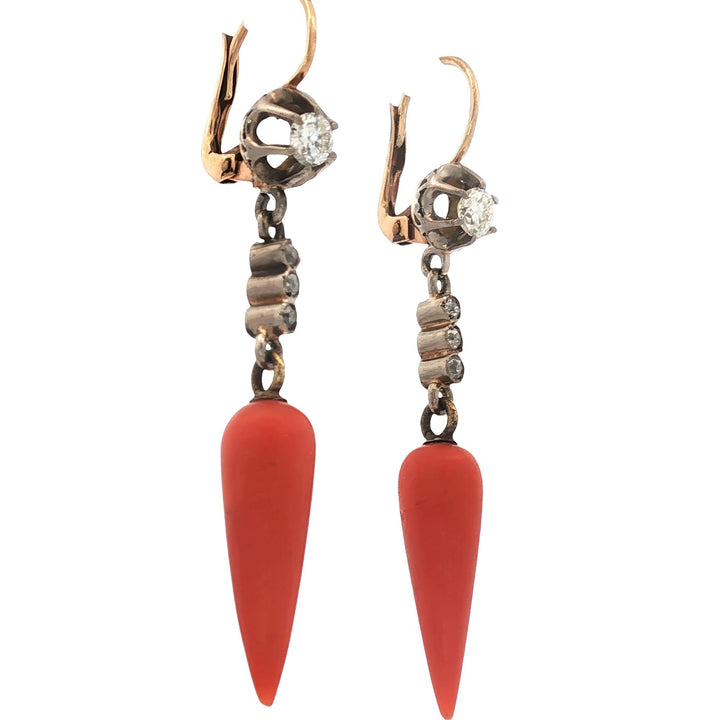 Edwardian Coral Diamond Yellow Gold & Silver Antique Drop Earrings