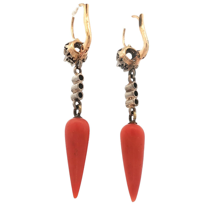 Edwardian Coral Diamond Yellow Gold & Silver Antique Drop Earrings