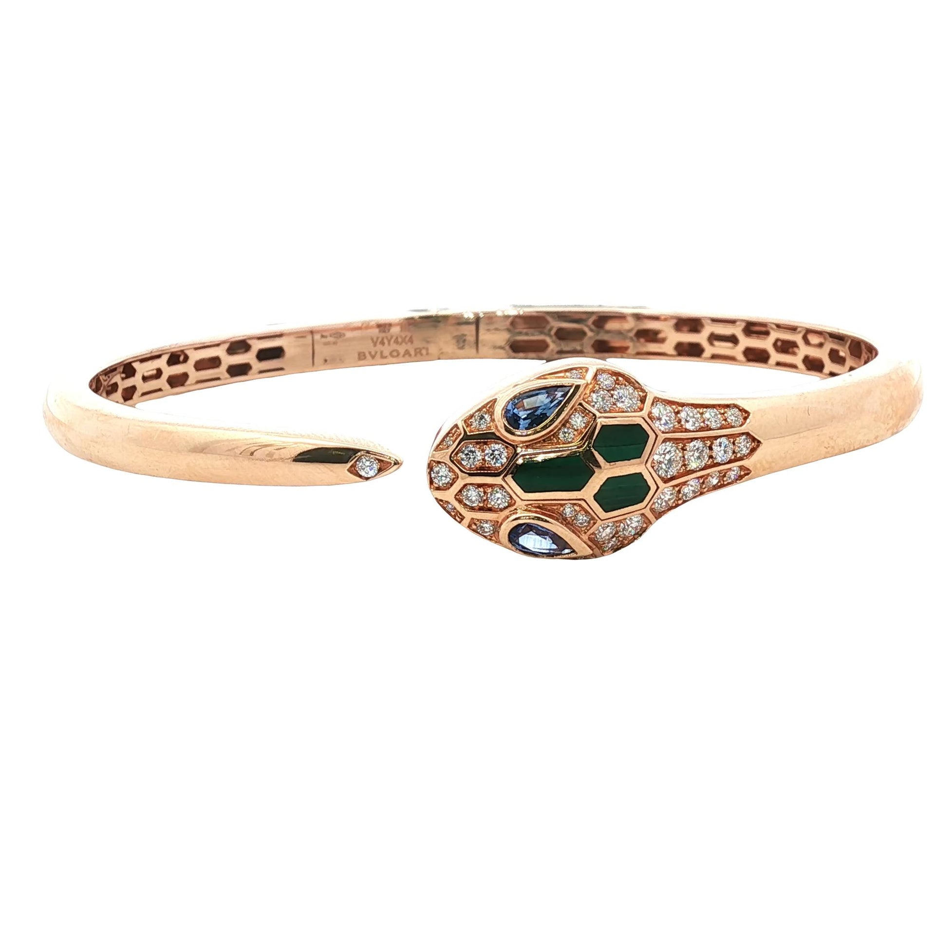 Bvlgari Serpenti Diamond Emerald 18 Karat Yellow Gold Bangle Bracelet Medium