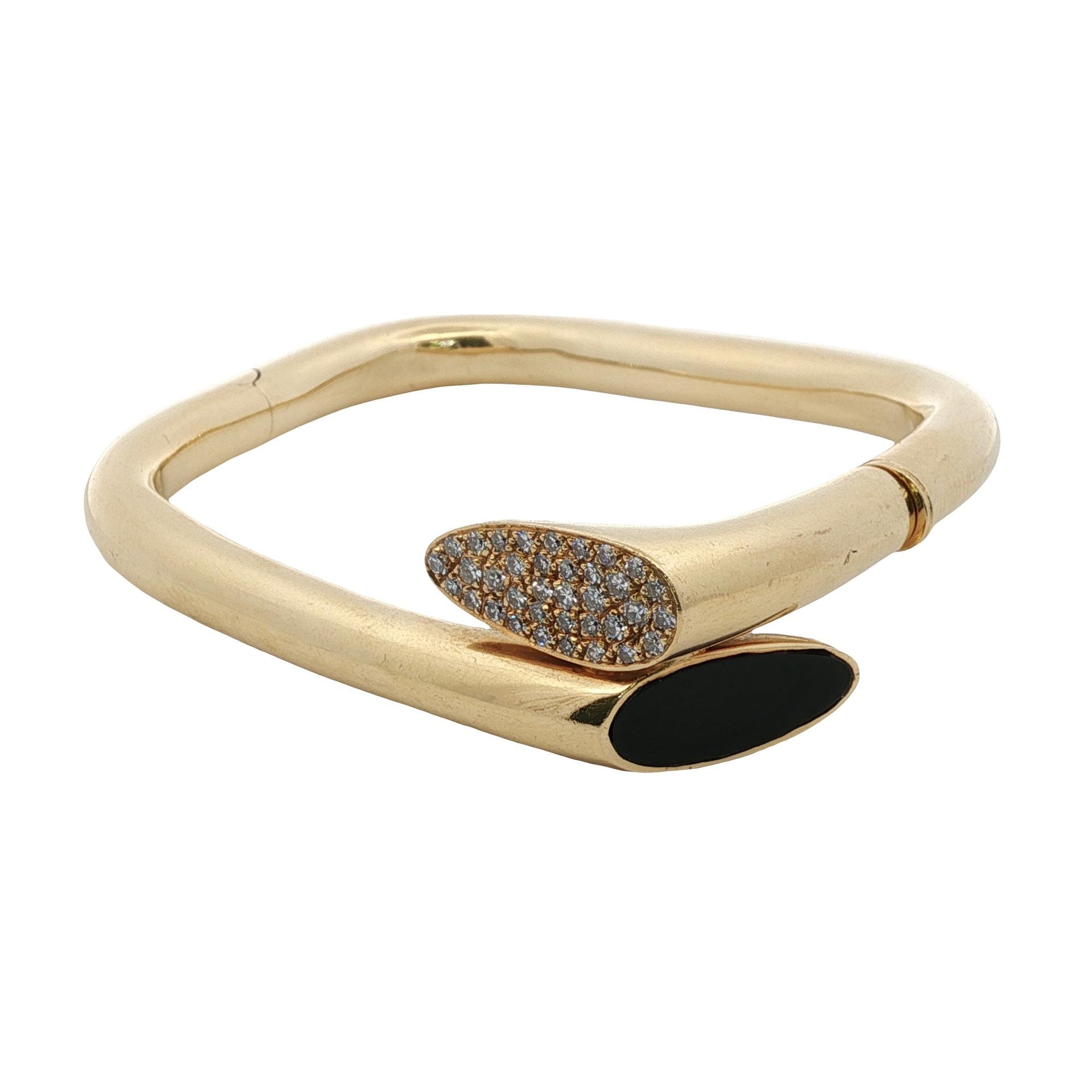 Diamond Onyx 18 Karat Yellow Gold Square Hinged Contemporary Bangle Bracelet