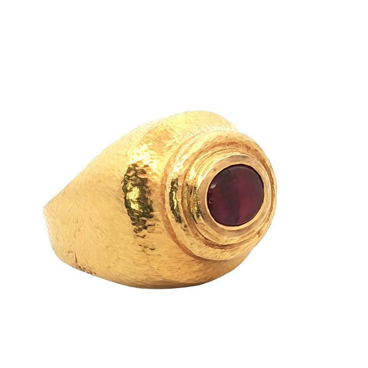 Zolotas Cabochon Ruby 22 Karat Yellow Gold Hammered Finish Gypsy Ring