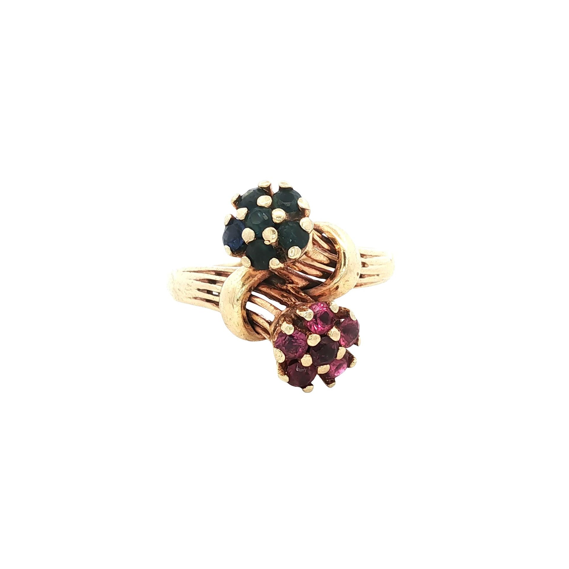 Ruby Blue Sapphire 14 Karat Yellow Gold Floral Vintage Bypass Ring