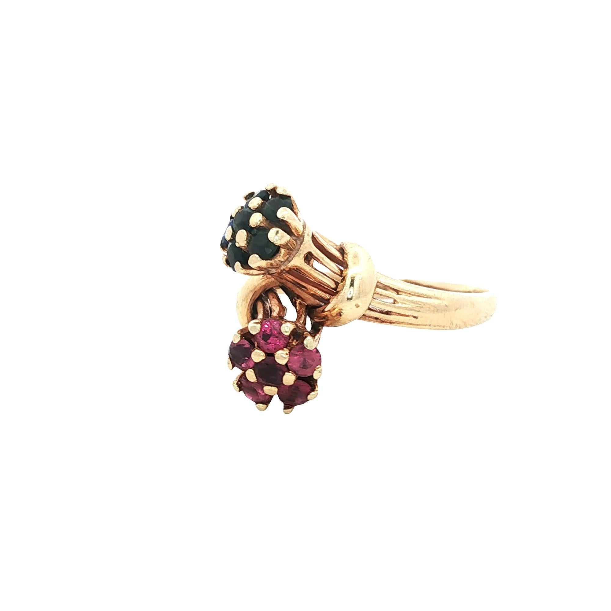 Ruby Blue Sapphire 14 Karat Yellow Gold Floral Vintage Bypass Ring
