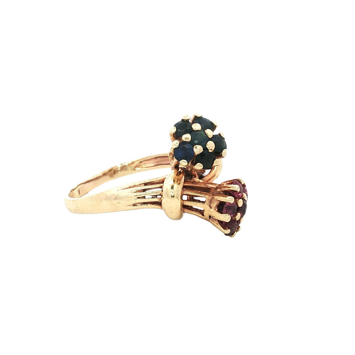 Ruby Blue Sapphire 14 Karat Yellow Gold Floral Vintage Bypass Ring