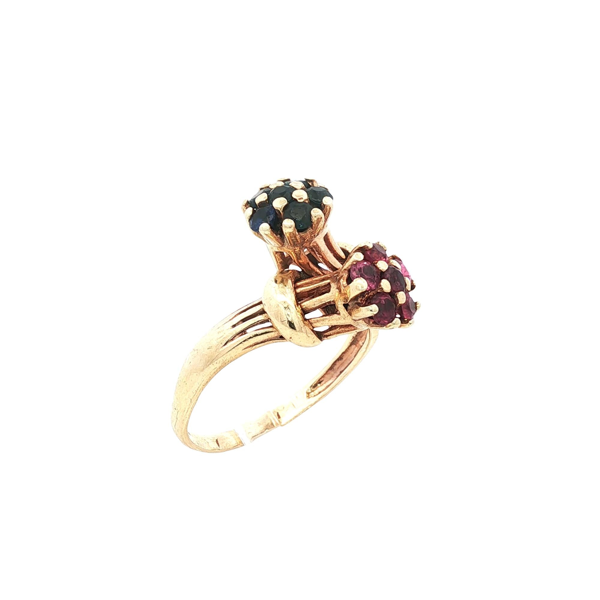 Ruby Blue Sapphire 14 Karat Yellow Gold Floral Vintage Bypass Ring
