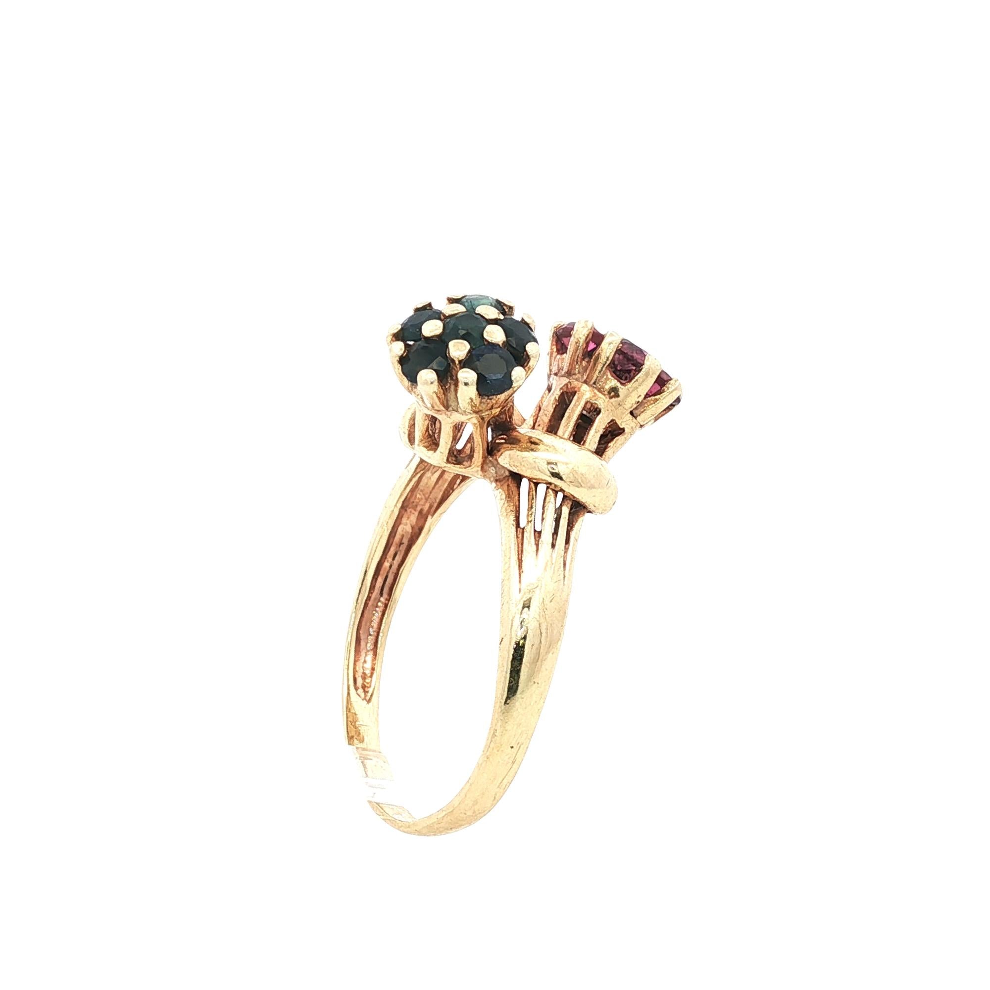 Ruby Blue Sapphire 14 Karat Yellow Gold Floral Vintage Bypass Ring