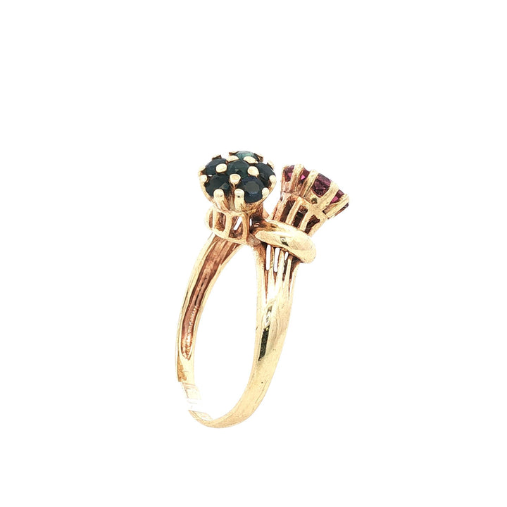 Ruby Blue Sapphire 14 Karat Yellow Gold Floral Vintage Bypass Ring