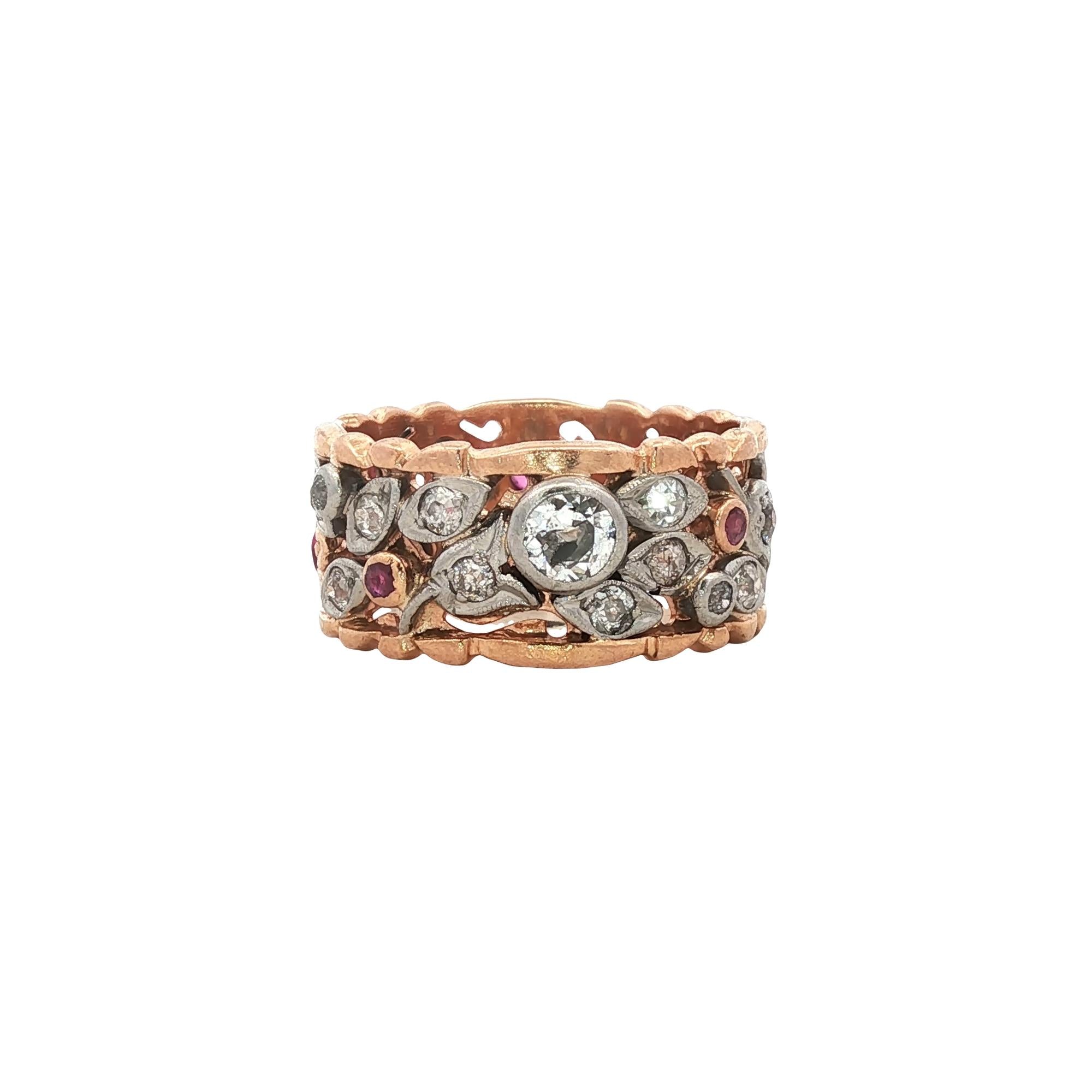 Retro Old Mine Cut Diamond Ruby Floral Design Wedding Band Ring 14KRG/Platinum