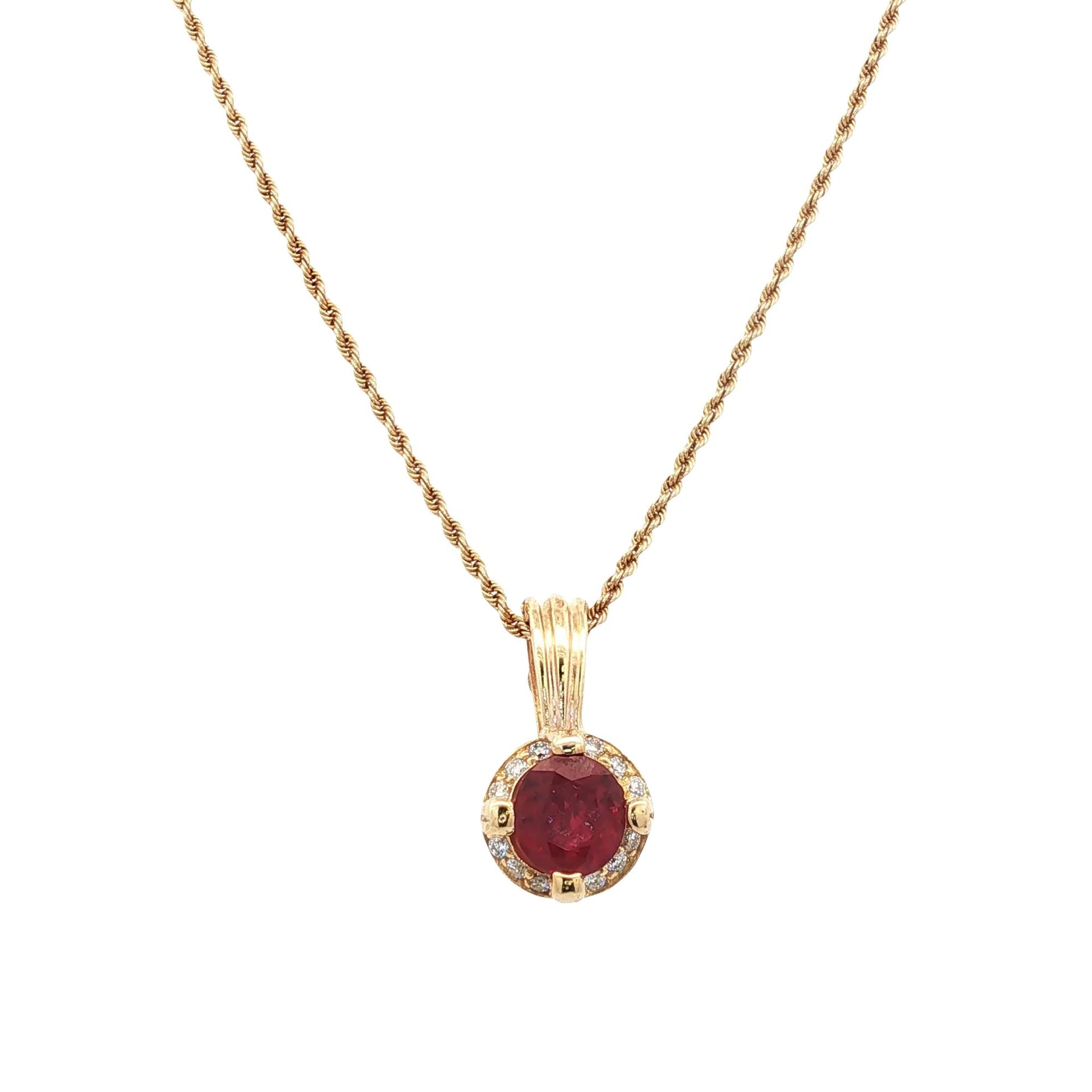 Ruby Diamond Halo 14 Karat Yellow Gold Pendant Necklace