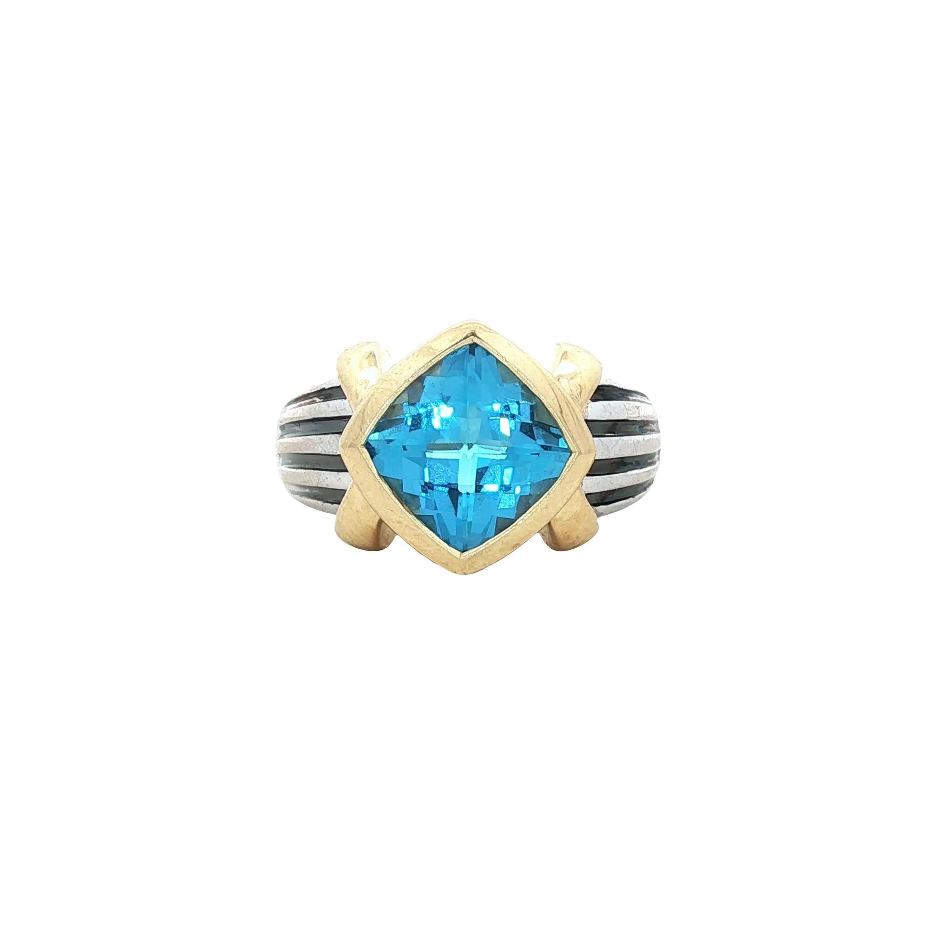 Blue Topaz 14 Karat Yellow & White Gold Solitaire Modern Ring