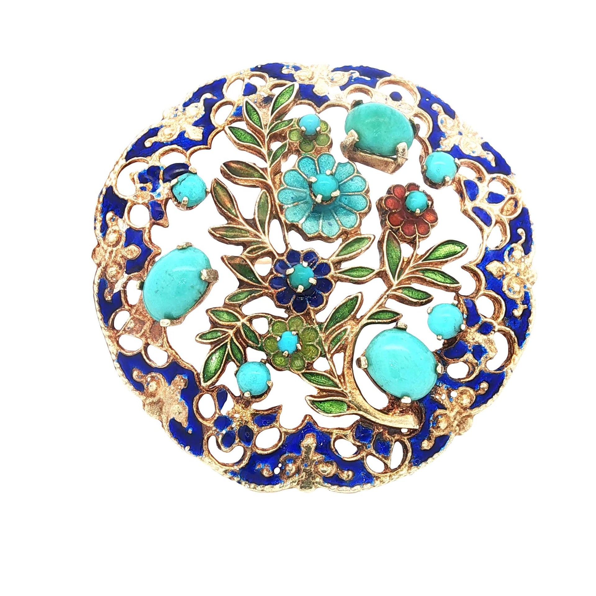 Blue Enamel Turquoise Gemstone 14 Karat Yellow Gold Vintage Circular Brooch Pin