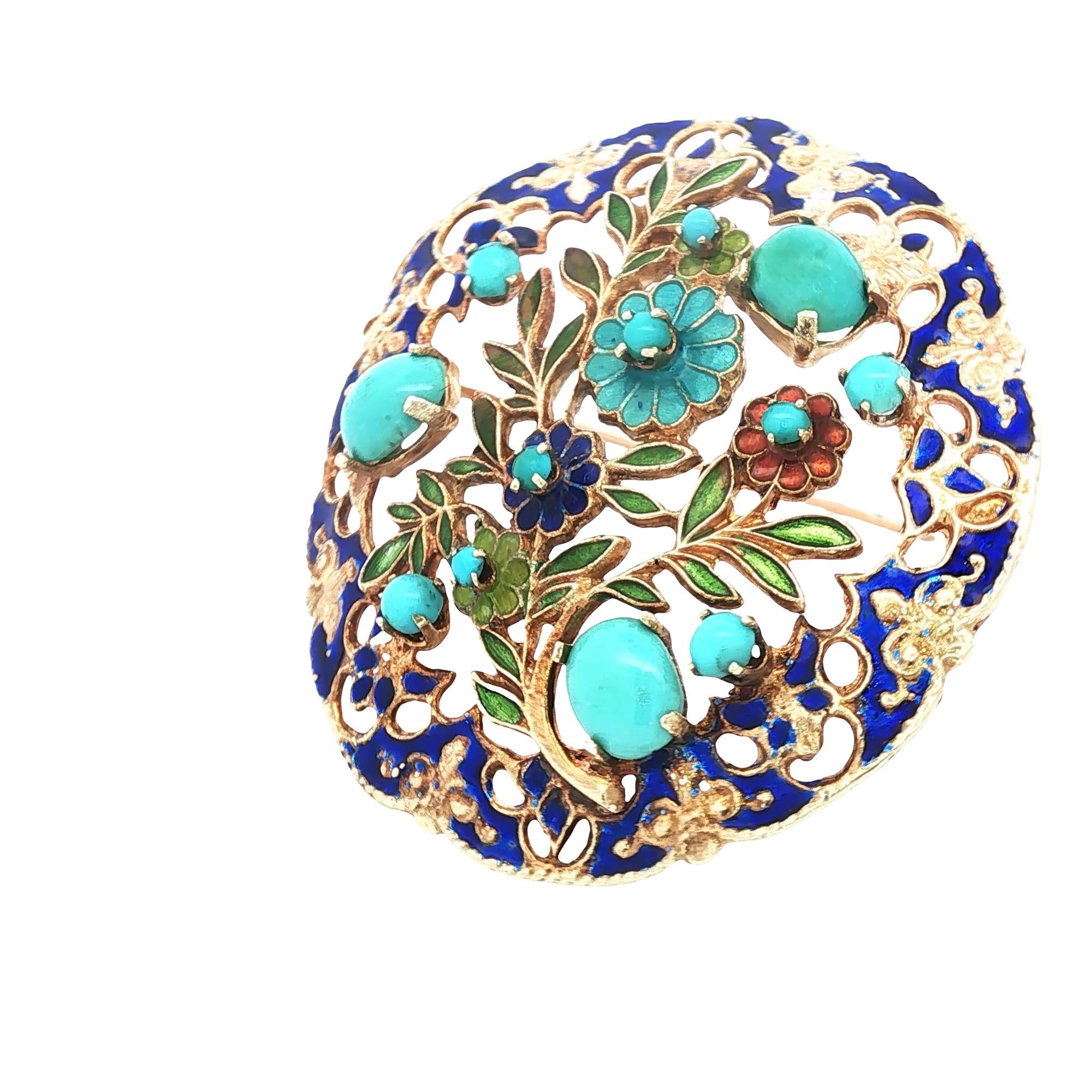 Blue Enamel Turquoise Gemstone 14 Karat Yellow Gold Vintage Circular Brooch Pin