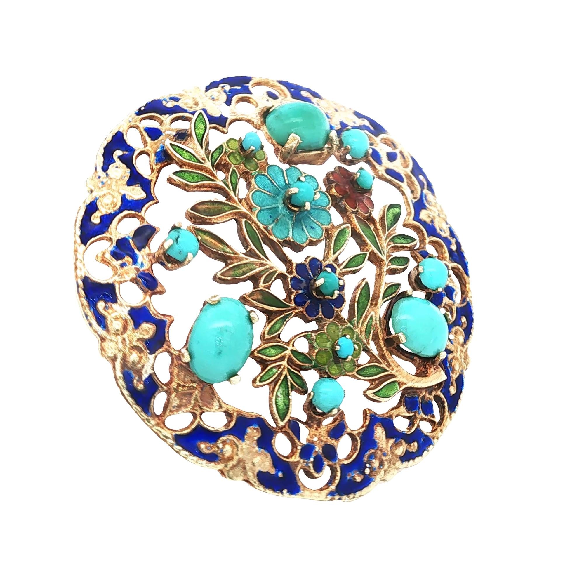 Blue Enamel Turquoise Gemstone 14 Karat Yellow Gold Vintage Circular Brooch Pin