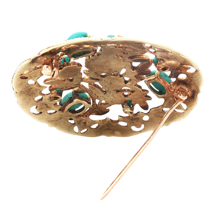 Blue Enamel Turquoise Gemstone 14 Karat Yellow Gold Vintage Circular Brooch Pin