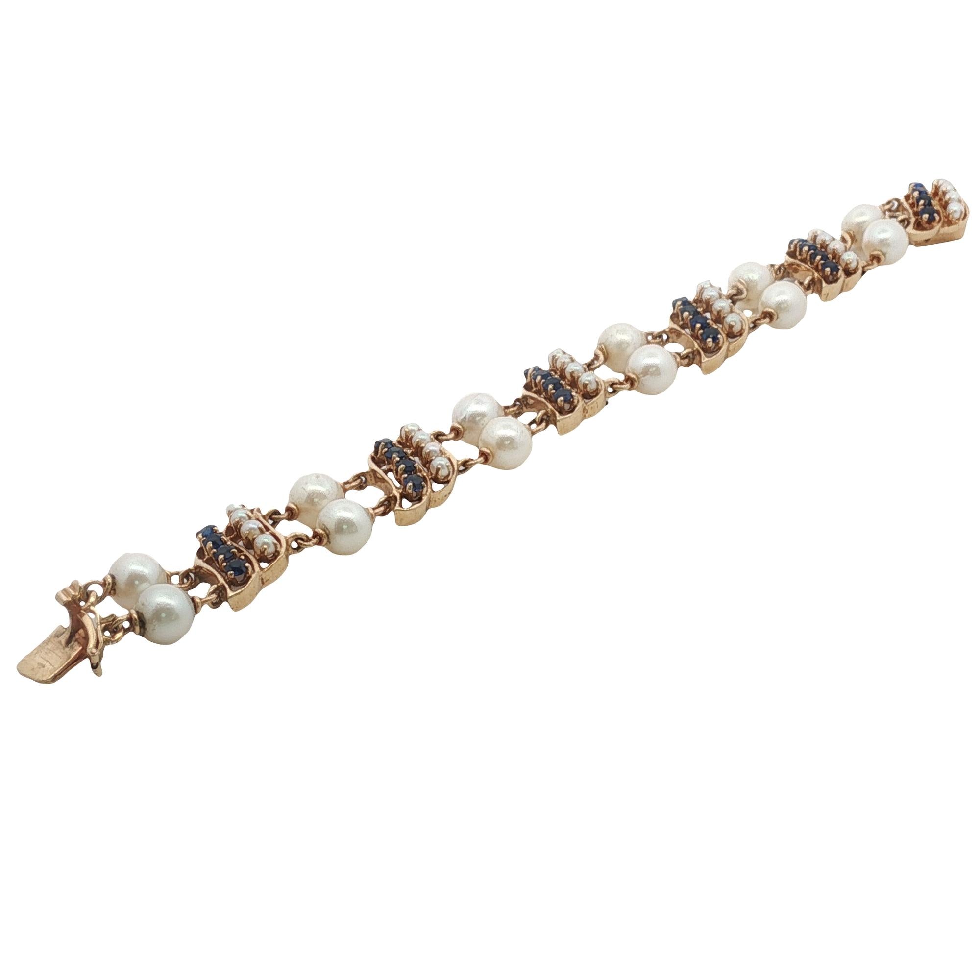 Sapphire Pearl 14 Karat Yellow Gold Two Row Vintage Link Bracelet