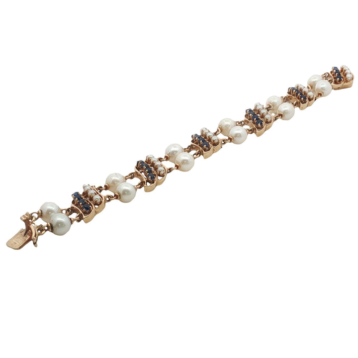 Sapphire Pearl 14 Karat Yellow Gold Two Row Vintage Link Bracelet