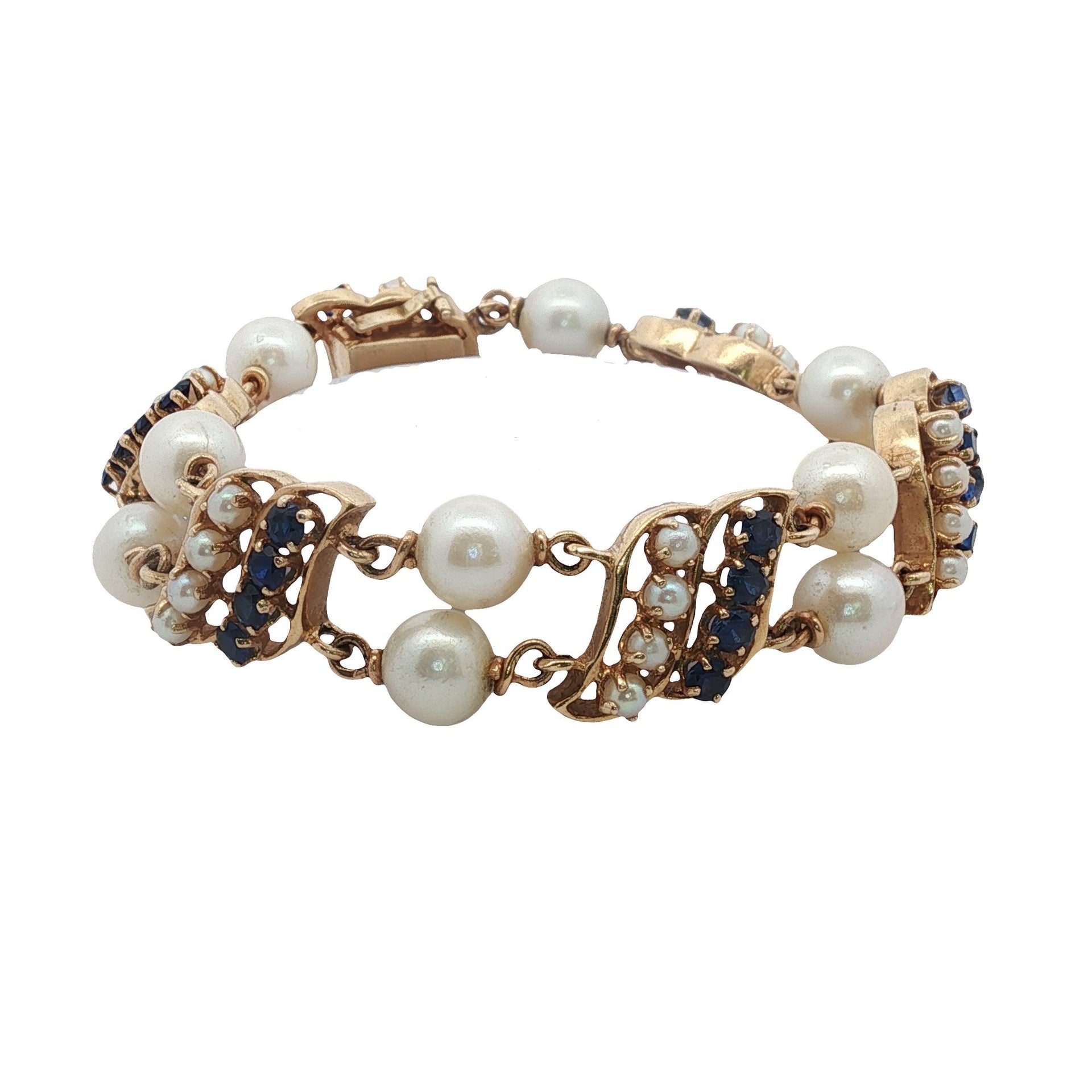 Sapphire Pearl 14 Karat Yellow Gold Two Row Vintage Link Bracelet