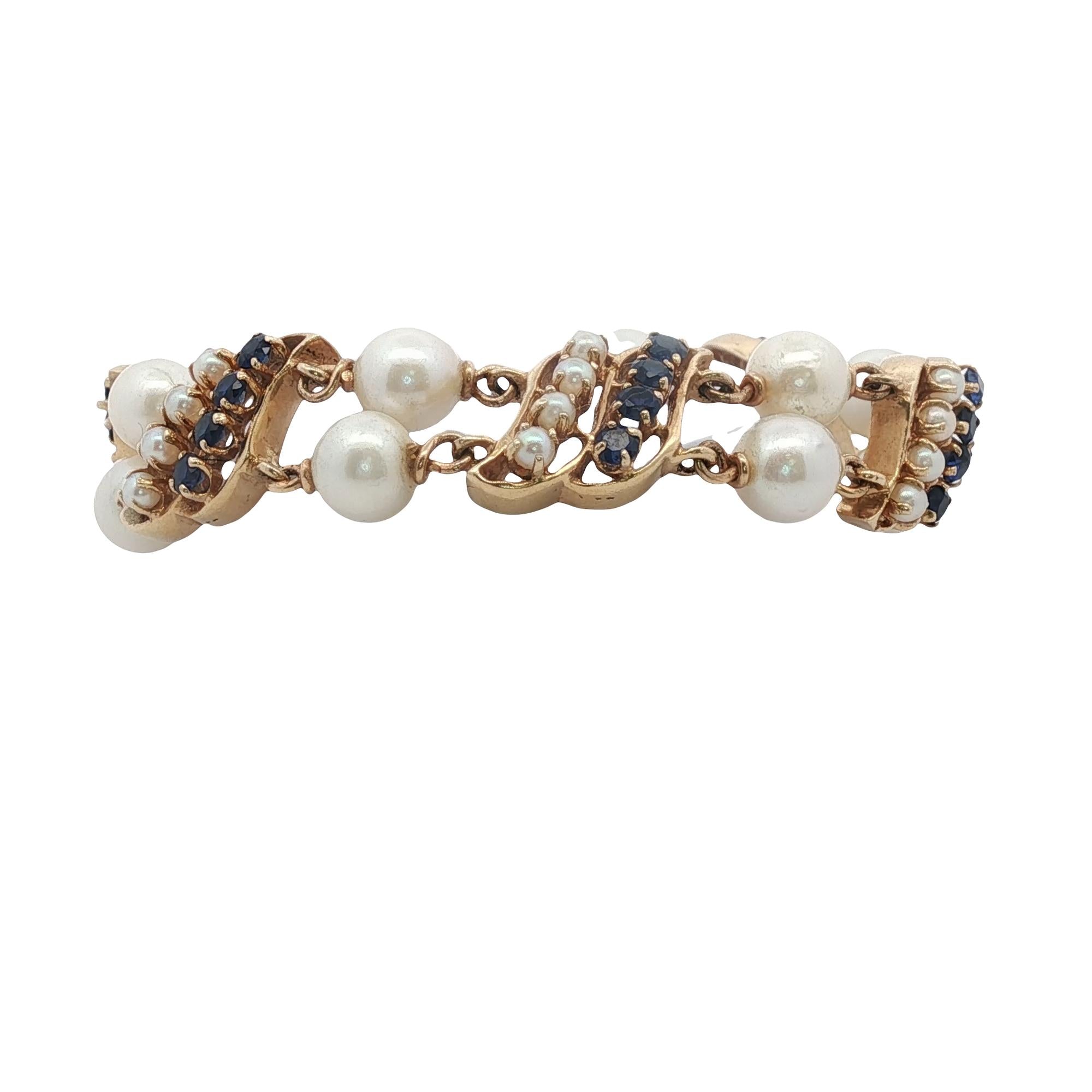 Sapphire Pearl 14 Karat Yellow Gold Two Row Vintage Link Bracelet