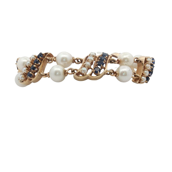 Sapphire Pearl 14 Karat Yellow Gold Two Row Vintage Link Bracelet