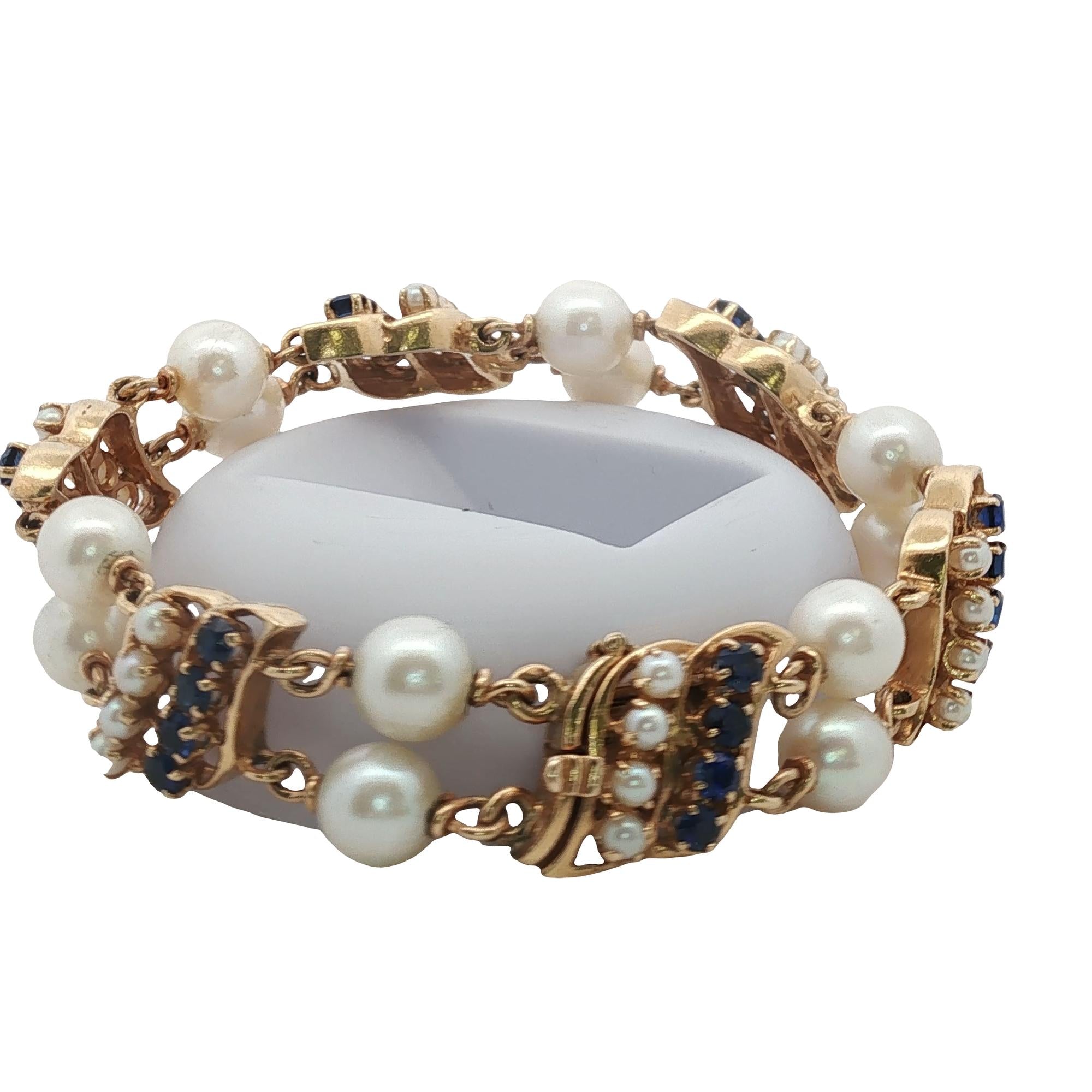 Sapphire Pearl 14 Karat Yellow Gold Two Row Vintage Link Bracelet