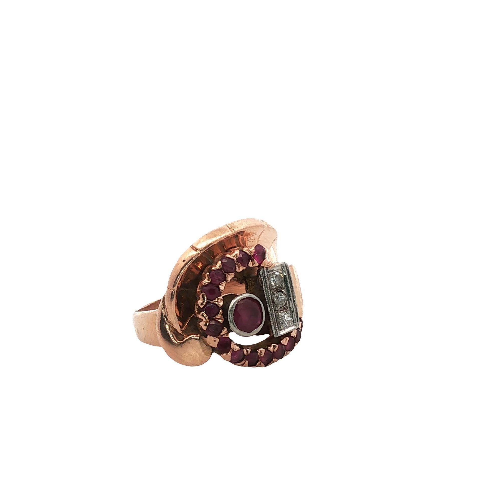 Retro Ruby Diamond 14 Karat Rose & White Gold Vintage Ring