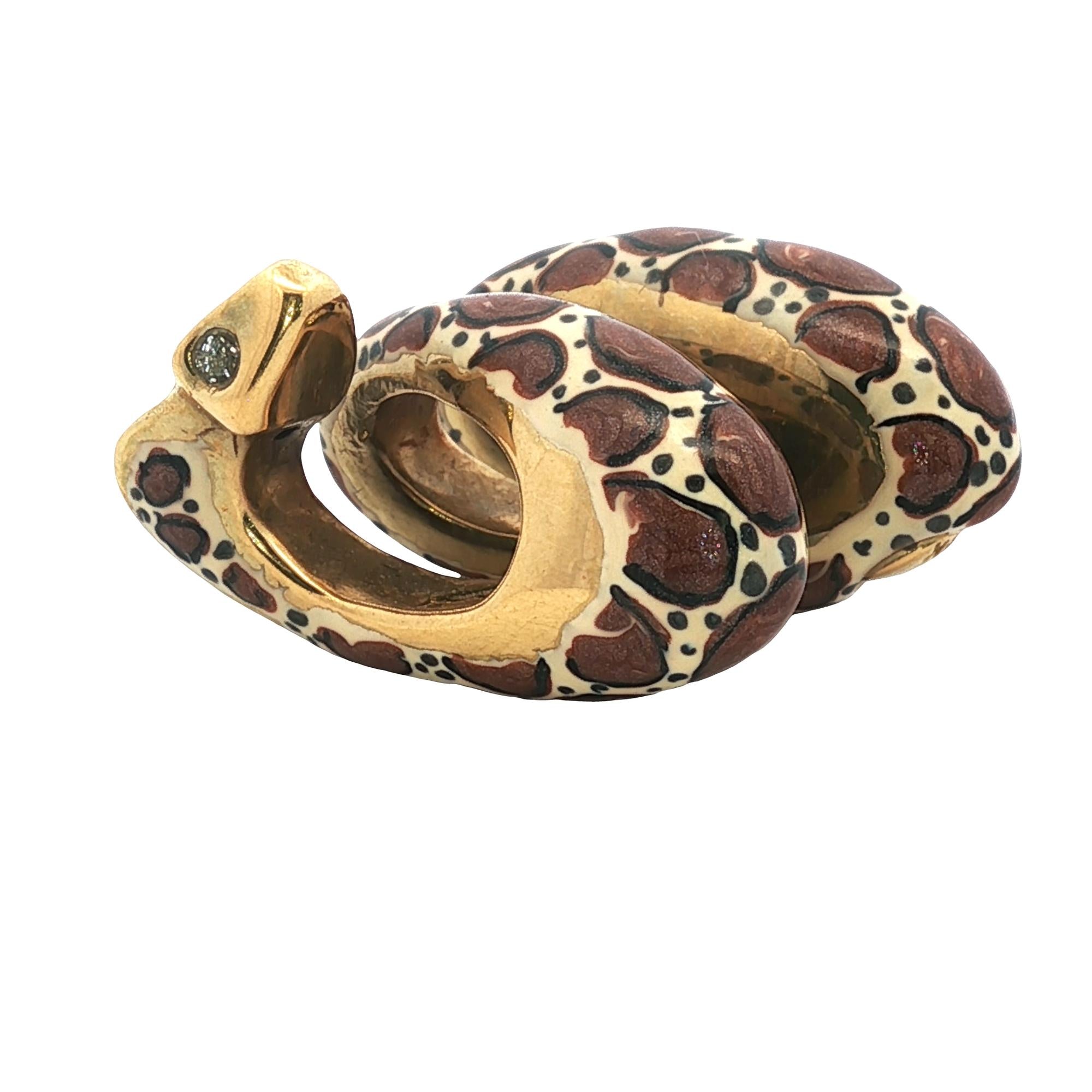 14 Karat Yellow Gold Brown and White Enamel Snake Slide Pendant
