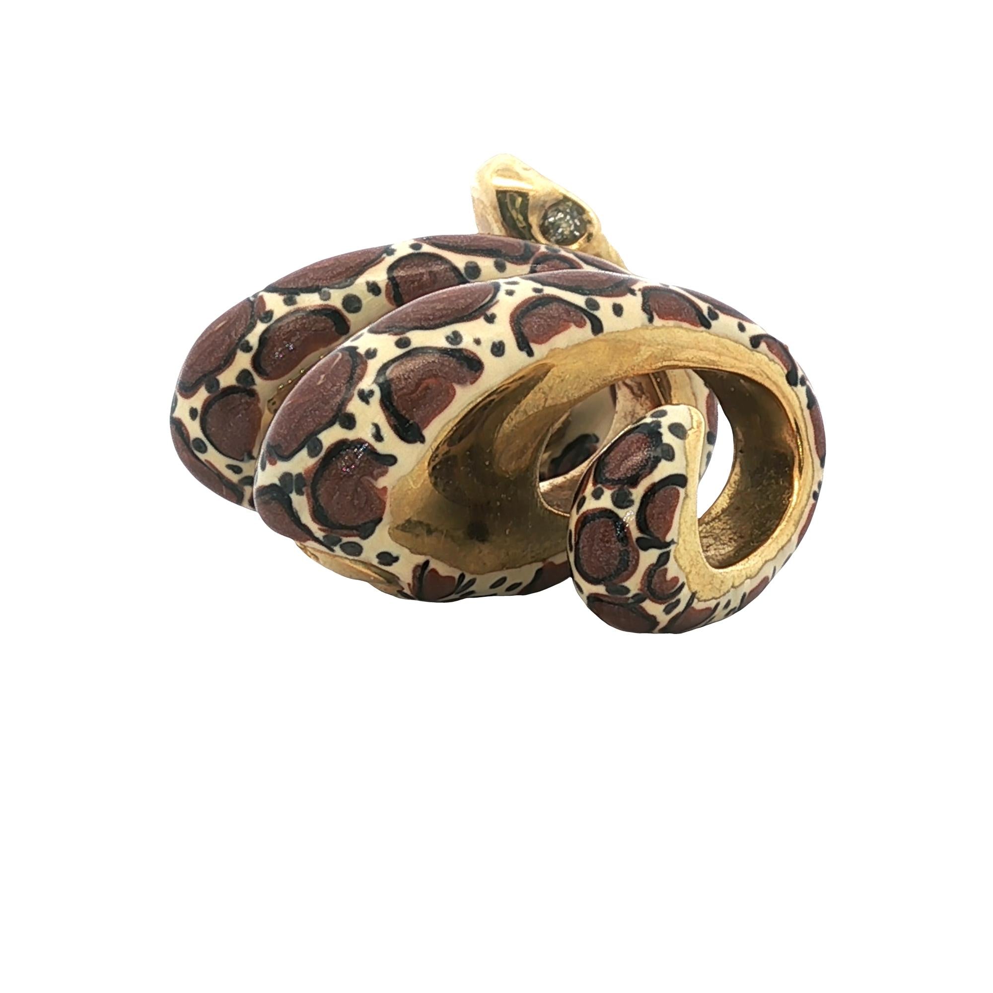 14 Karat Yellow Gold Brown and White Enamel Snake Slide Pendant