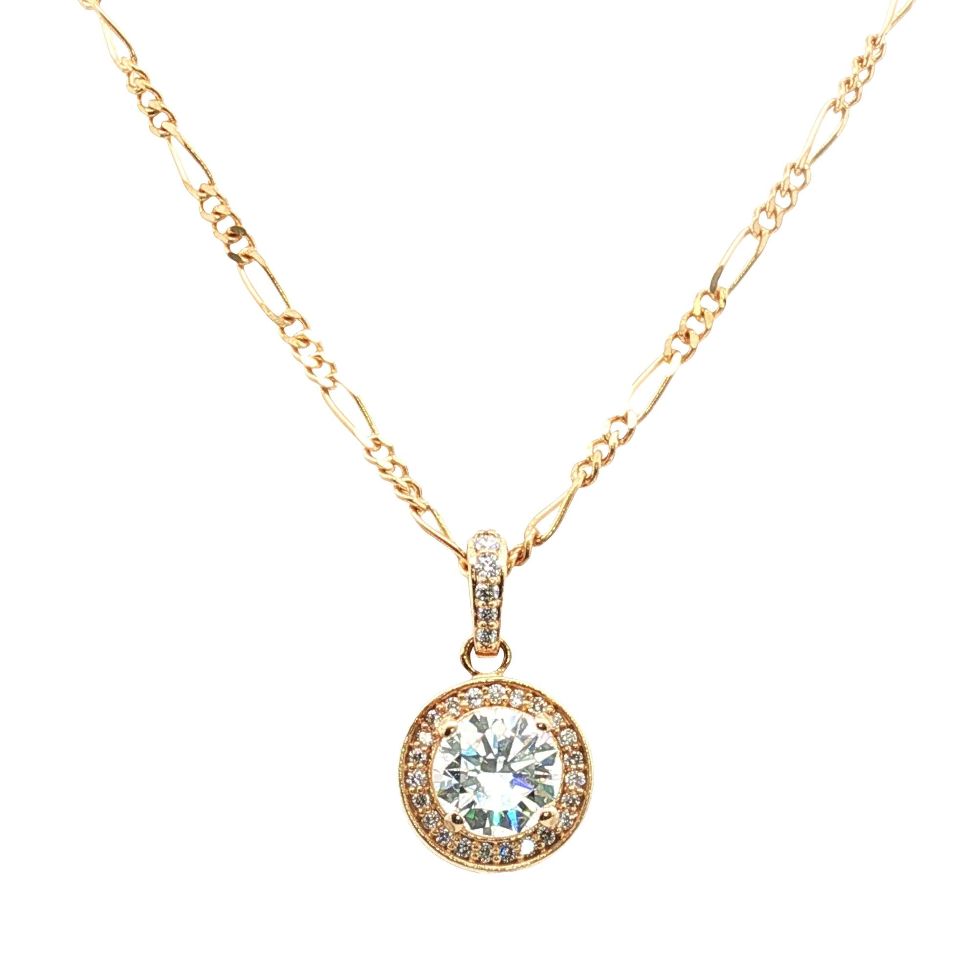 Diamond Halo Pendant Necklace 14 Karat Yellow Gold