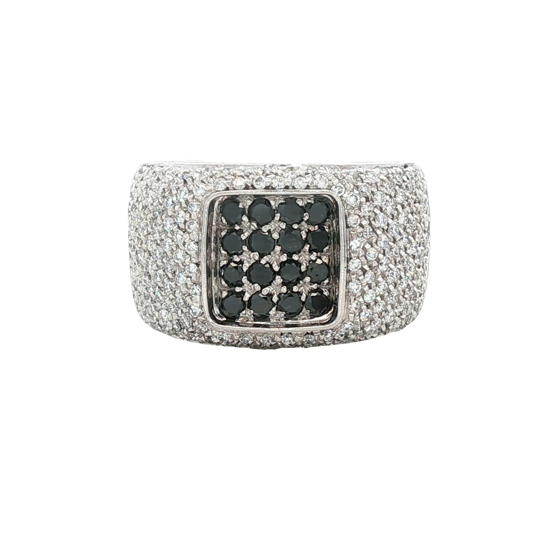 Pavé White & Black Diamond 18 Karat White Gold Wide Band Ring