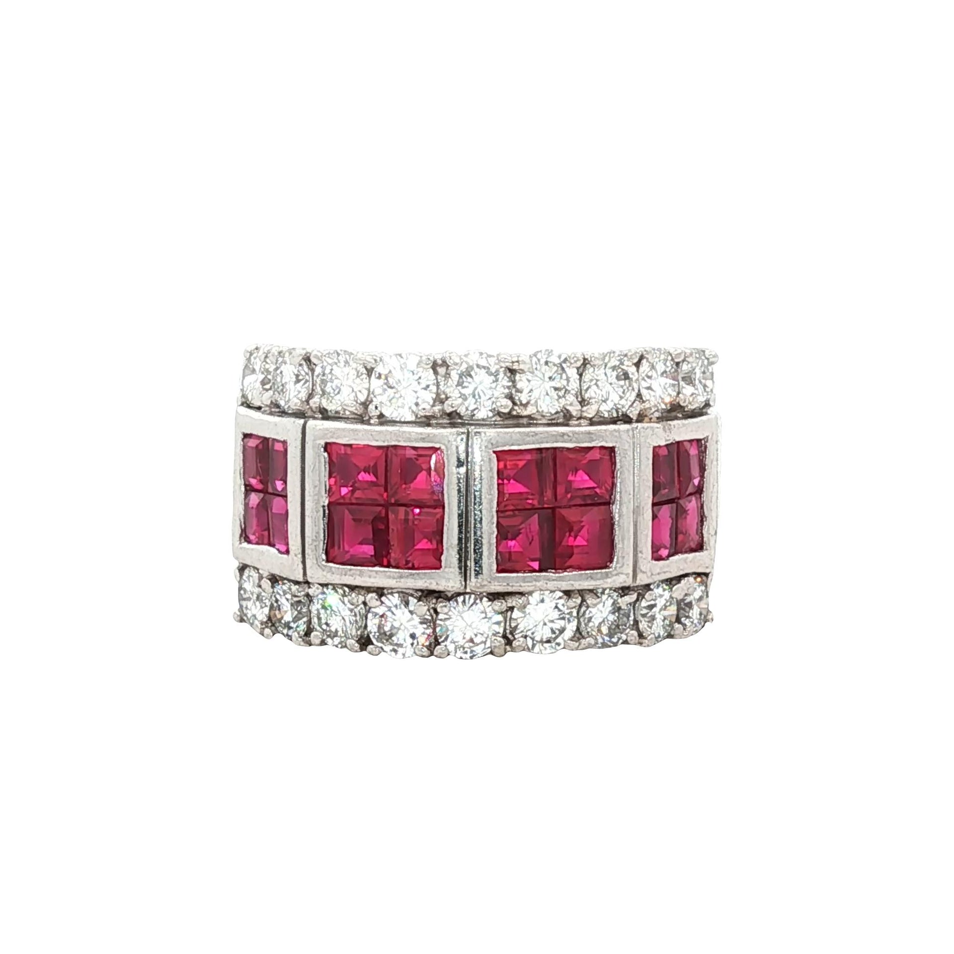 Ruby Diamond Platinum Wide Modern Band Ring Size 7