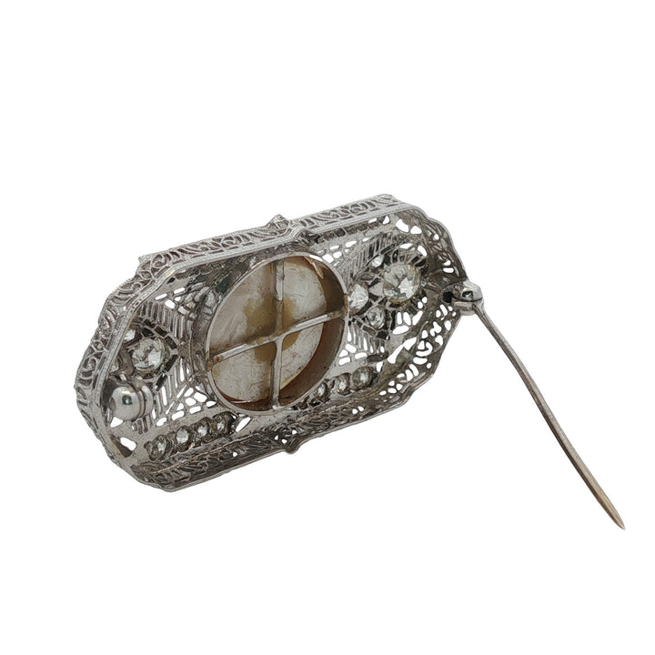Art Deco Mabe Pearl Old European Diamond 14 Karat White Gold Filigree Brooch Pin