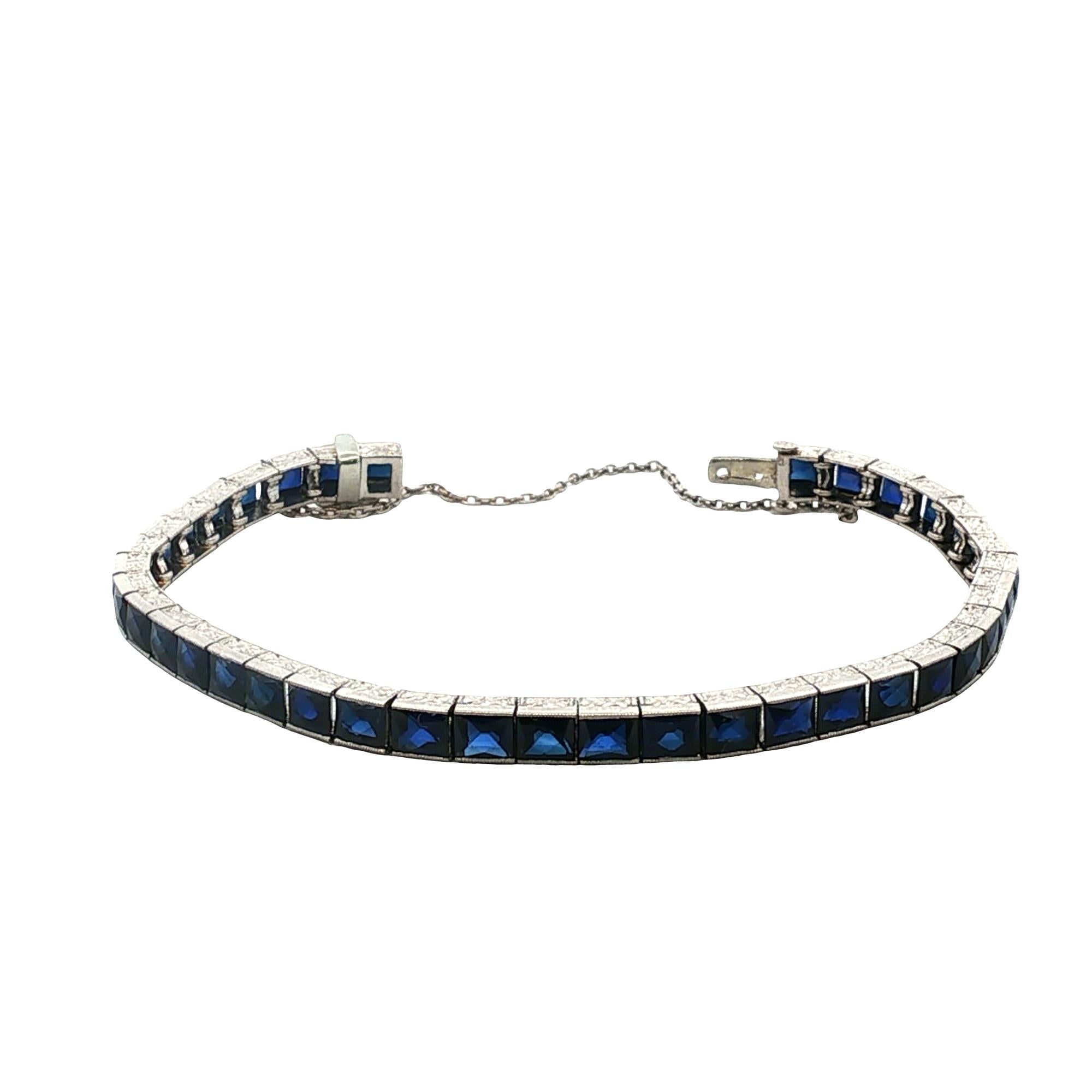1940's Platinum Synthetic Blue Sapphire Vintage Line Bracelet