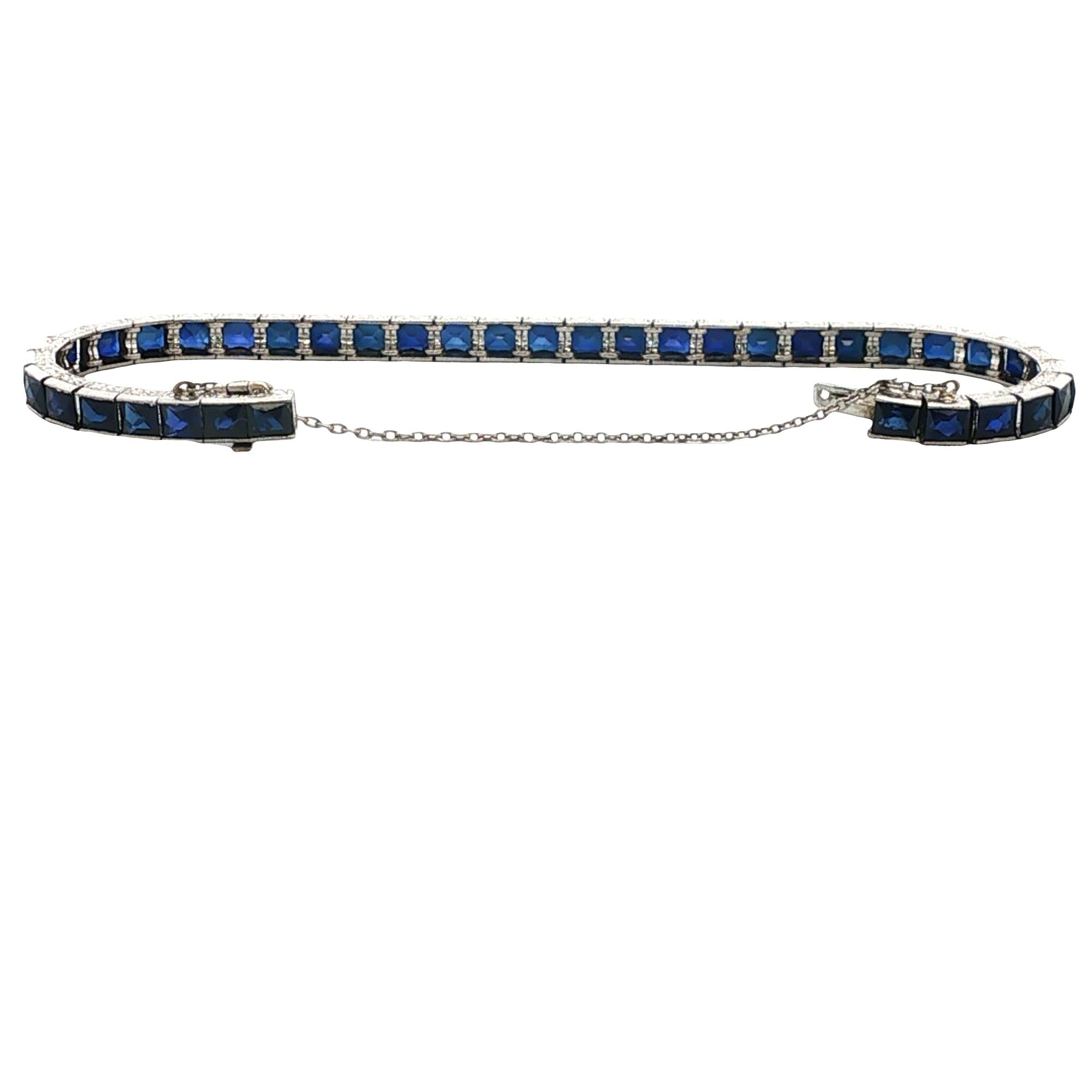 1940's Platinum Synthetic Blue Sapphire Vintage Line Bracelet